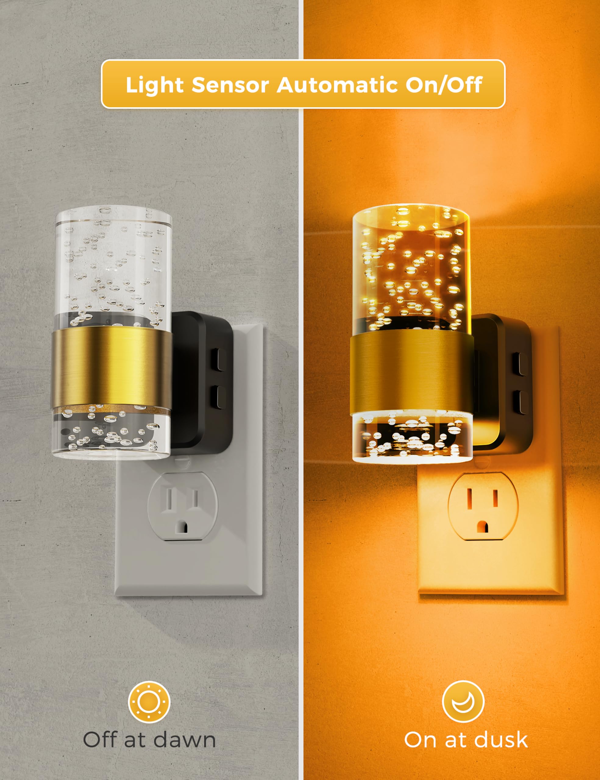 L LOHAS LED Night Lights, Color Changing, Dusk to Dawn Sensor, Adjustable Brightness, 2 Pack, Gold Ring-RGB