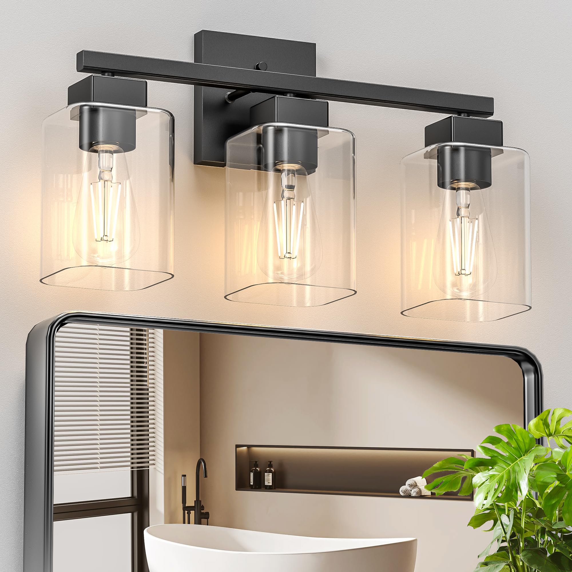 Espird Matte Black Bathroom Vanity Light, 3-Light Vanity Lighting Fixtures Over Mirror, Square Design & Ul Certification, Wall S