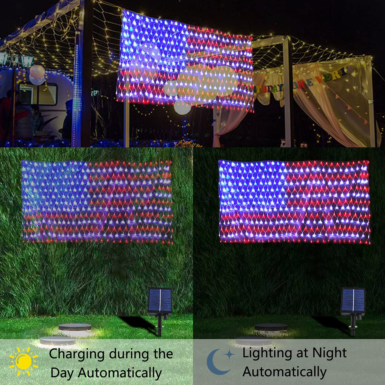Decute Solar American Flag String Lights - 420 LED Waterproof Net Light for Outdoor Decorations - Ideal for 4th of July & Festivals