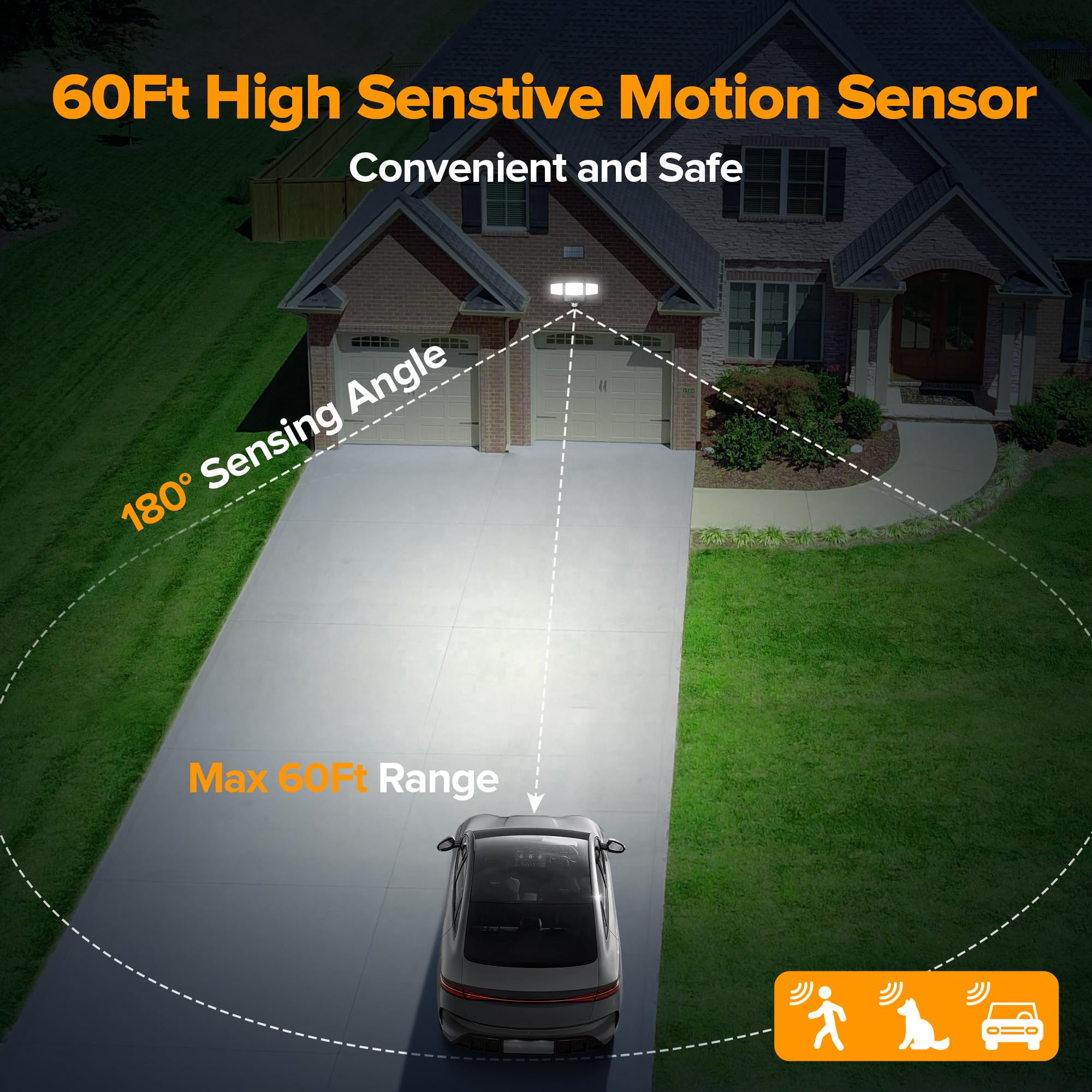 UME Hybrid Solar Motion Sensor Flood Lights, 302 LED, 1800LM, IP65 Waterproof, 3-Head, Black, Model 692610
