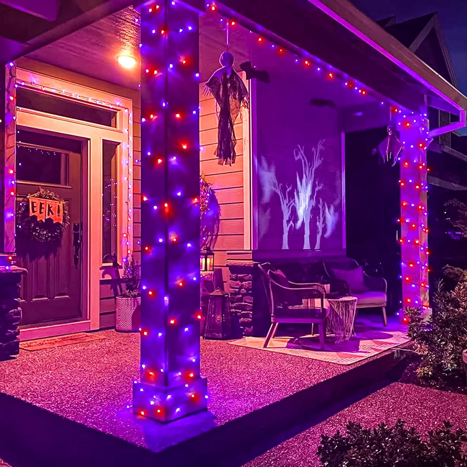 100 Led Halloween Lights Outdoor, 33Ft Halloweem String Lights Indoor Clear Wire 8 Modes Waterproof Plug In Twinkle Fairy Lights With Timer Memory For Room Tree Party Decorations, Purple&Orange