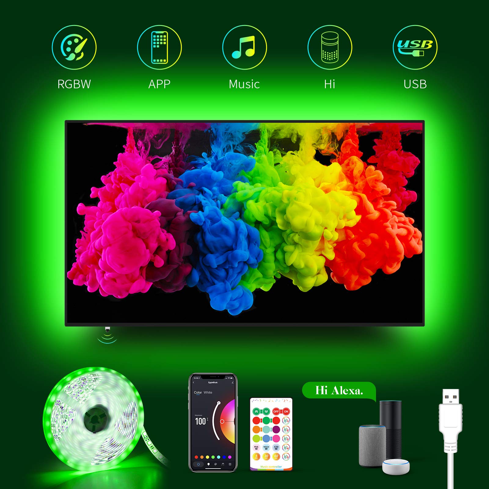 EppieBasic LED Lights for 75 80 Inch TV,17.3Ft USB Smart WiFi TV LED Backlight Music Sync Compatible with Alexa,LED Strip Lights Color Changing for 75-80 inch TV,RGBW 6500K Bias Lighting,APP Control -Like New