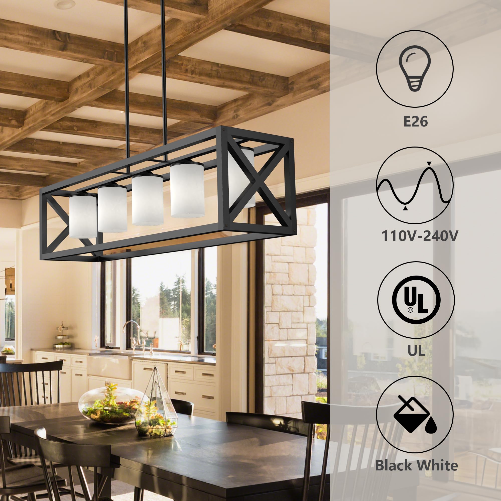 Espird Black White Dining Room Light Fixture - 5 Light Rectangle Light Fixture With Milk Glass Shade & Adjustable Height & Thick