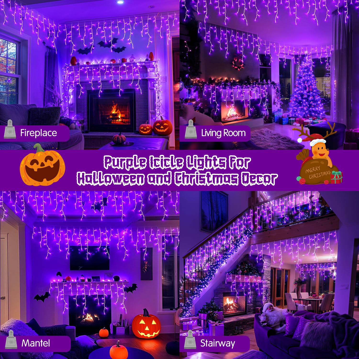 JMEXSUSS Purple Icicle Lights, 800 LED Waterproof, 8 Modes, Indoor/Outdoor, Model EXS-I-0800