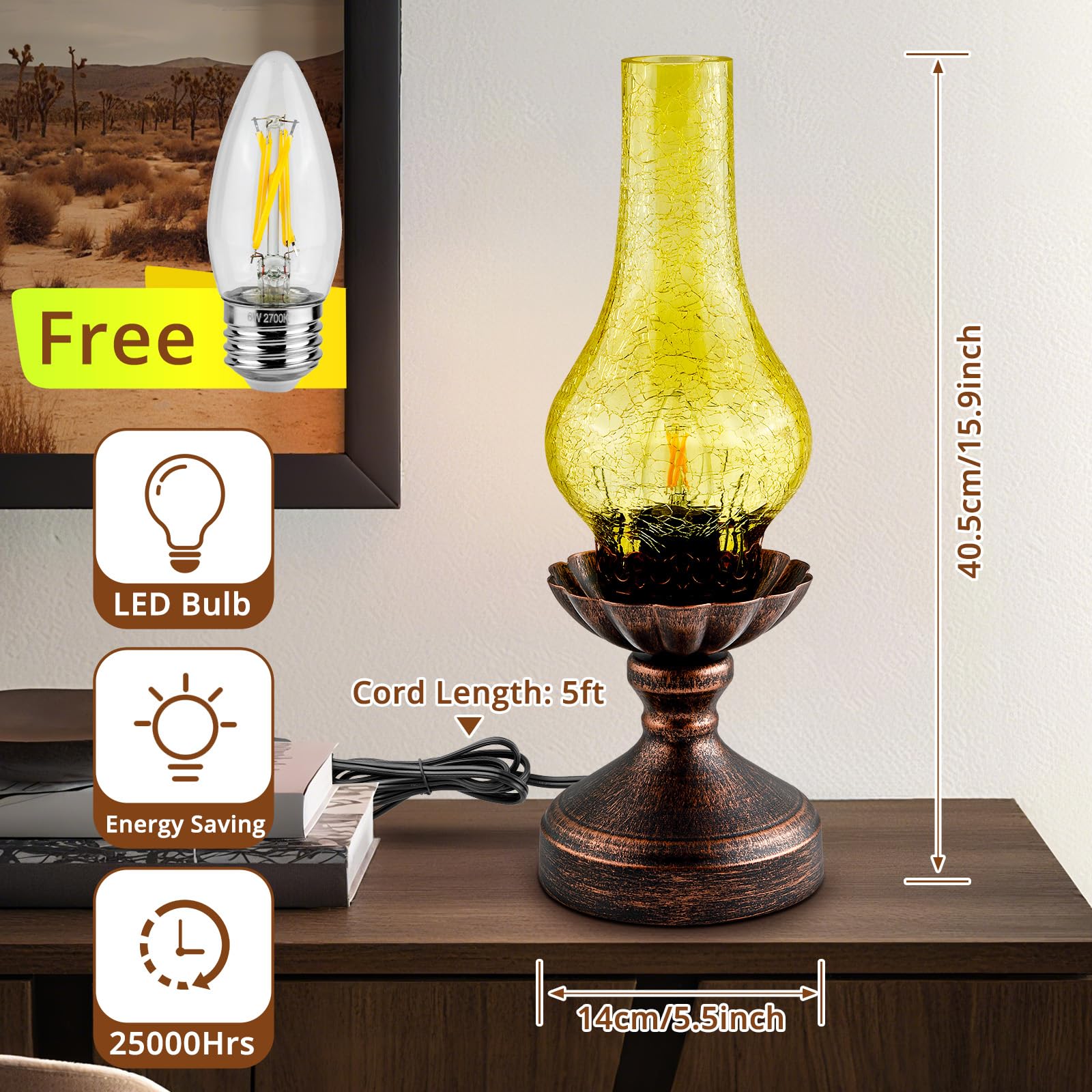 LEDIKON Touch Control Vintage Table Lamp | 3-Way Dimmable Rustic Retro Farmhouse Lamp with Amber Glass Shade and LED Bulb for Be