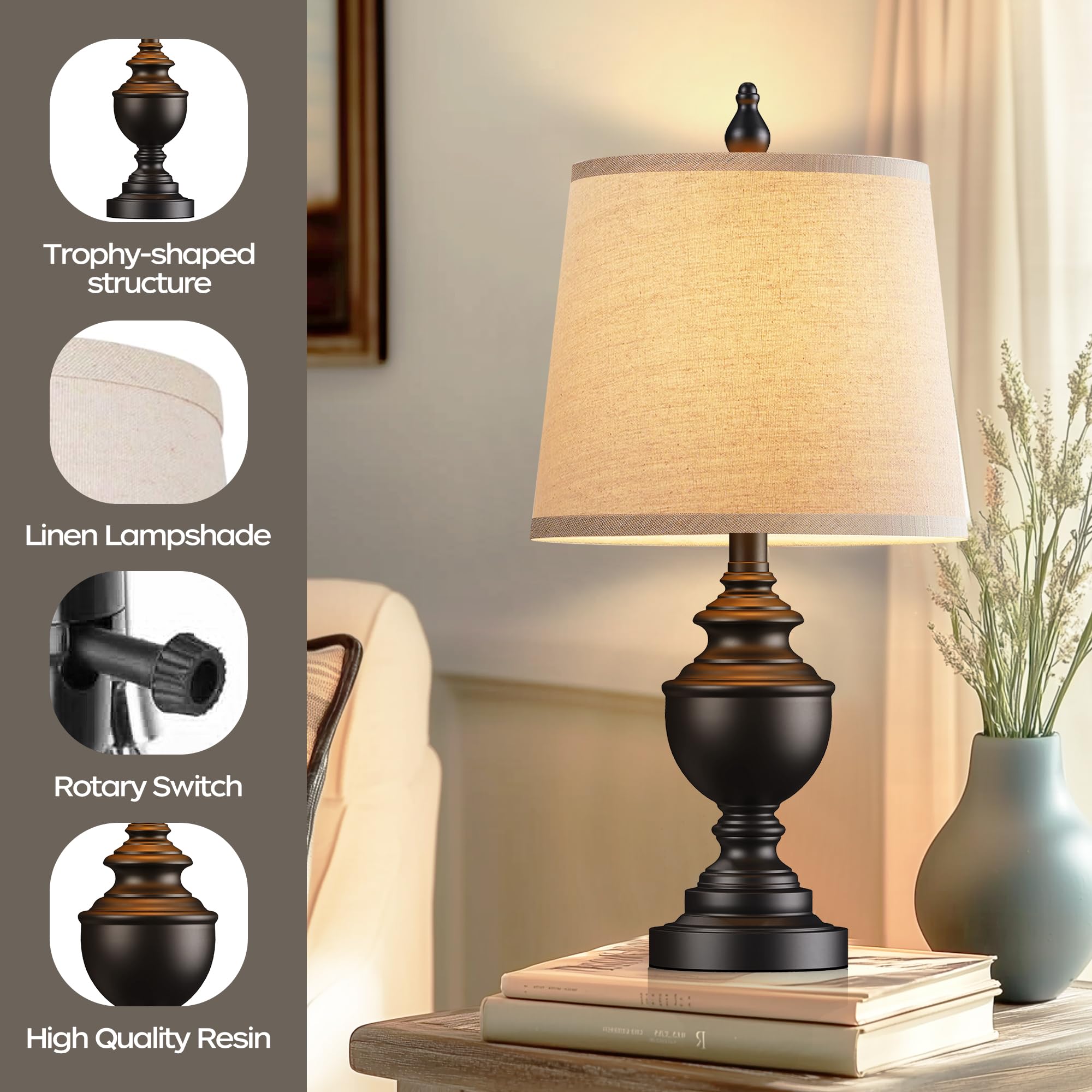 Partphoner Retro Table Lamps Set Of 2, Bedside Lamp For Bedroom Rustic Farmhouse Table Lamps For Living Room, Vintage Nightstand