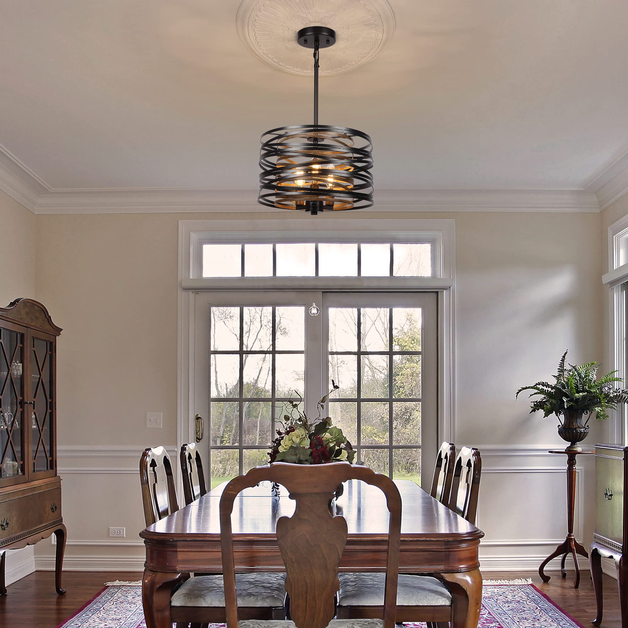 12.6'' Farmhouse Chandeliers For Dining Room, 3-Light Industrial Metal Hanging Light Fixture, Rustic Drum Pendant Light For Entr