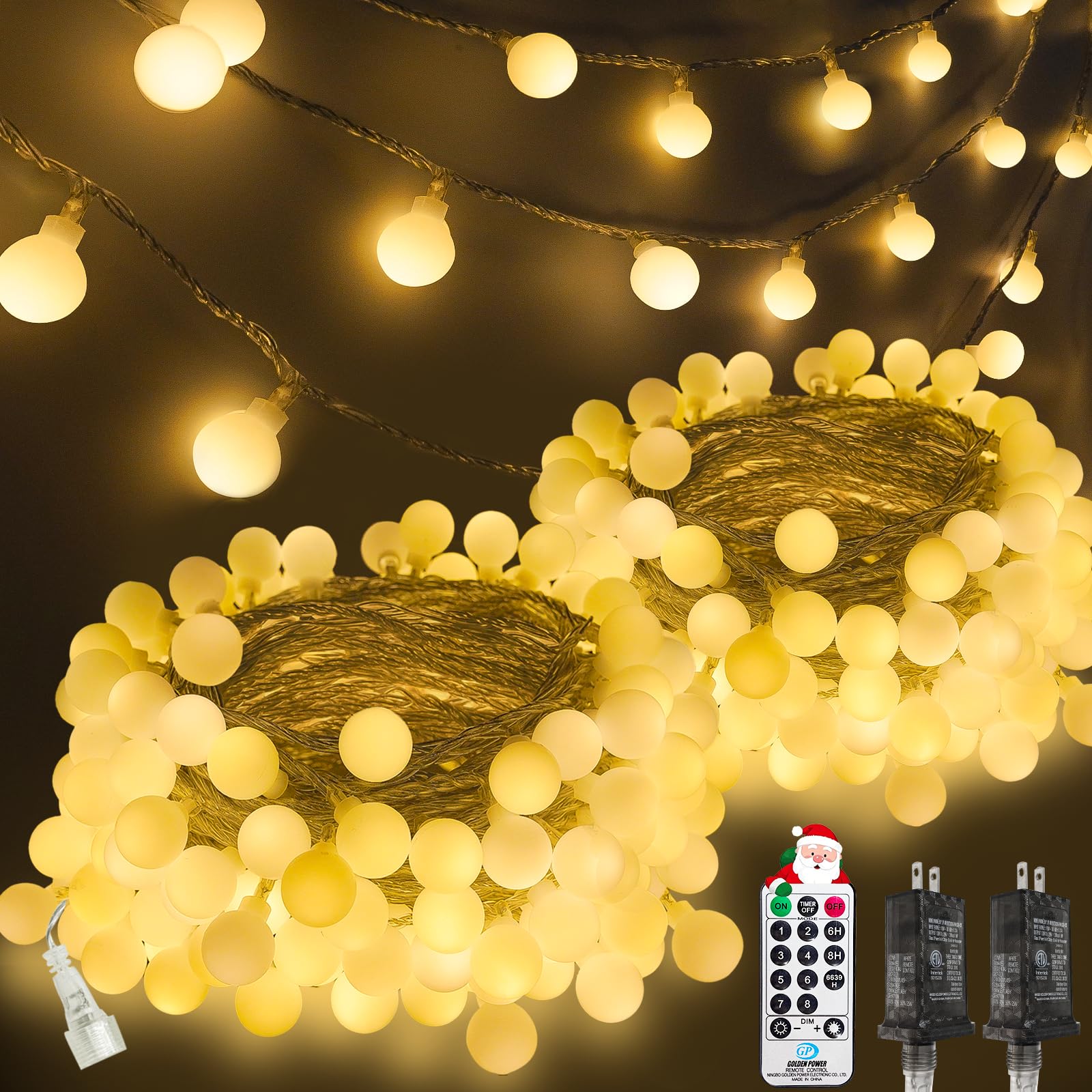 2-Pack Connectable Globe String Lights | Total 86FT 200LED Warm White Christmas String Lights Plug in with Remote | 8 Modes Hanging Fairy Light for Indoor Outdoor Bedroom Party Christmas Tree Decor