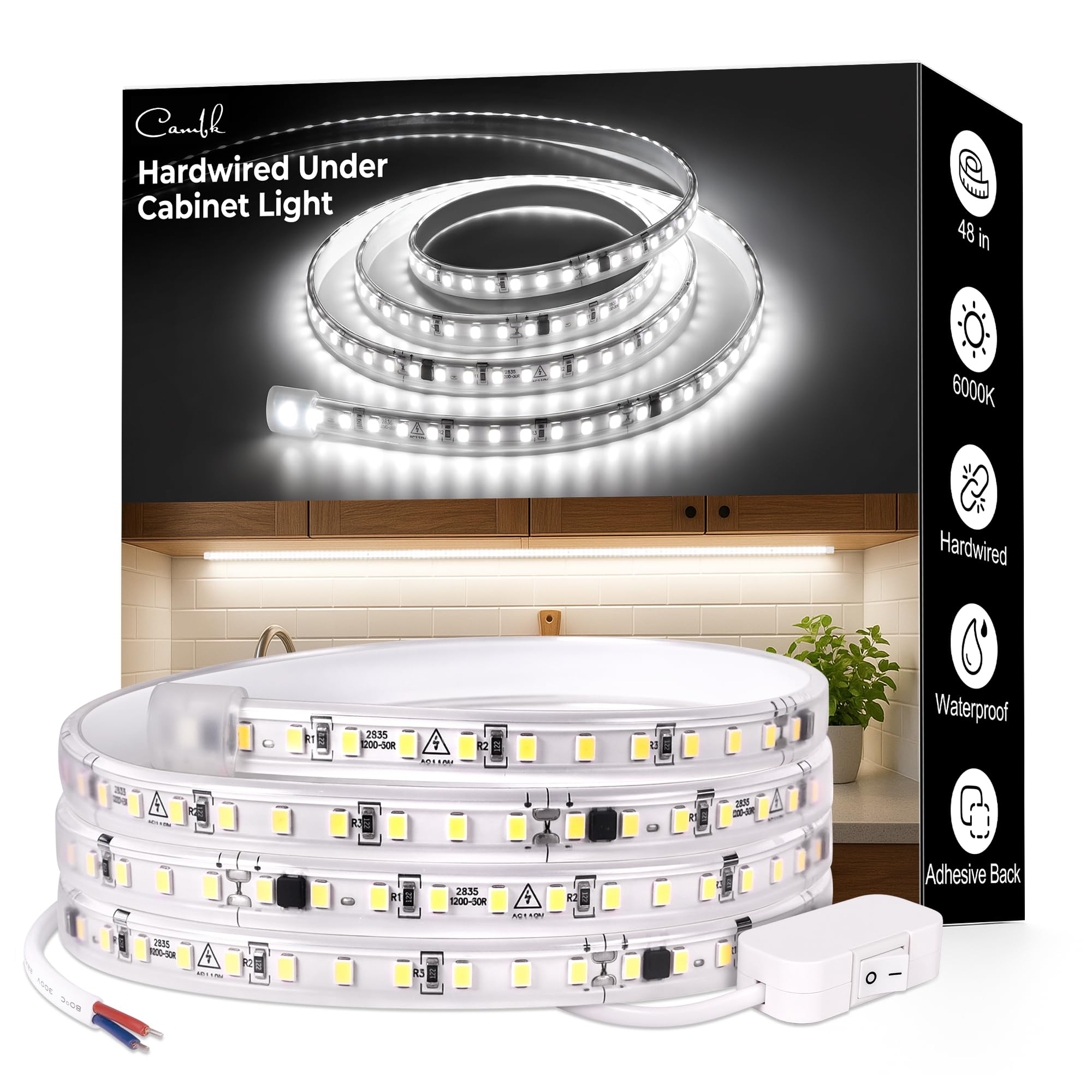 cambk 48inch Hardwired Under Cabinet Lighting for Kitchen 120V Wired Undercounter Led Band Lights 6000K White Waterproof  Luces para Cocina Bajo Gabinete Under Shelf Lights for Sink/Workbench