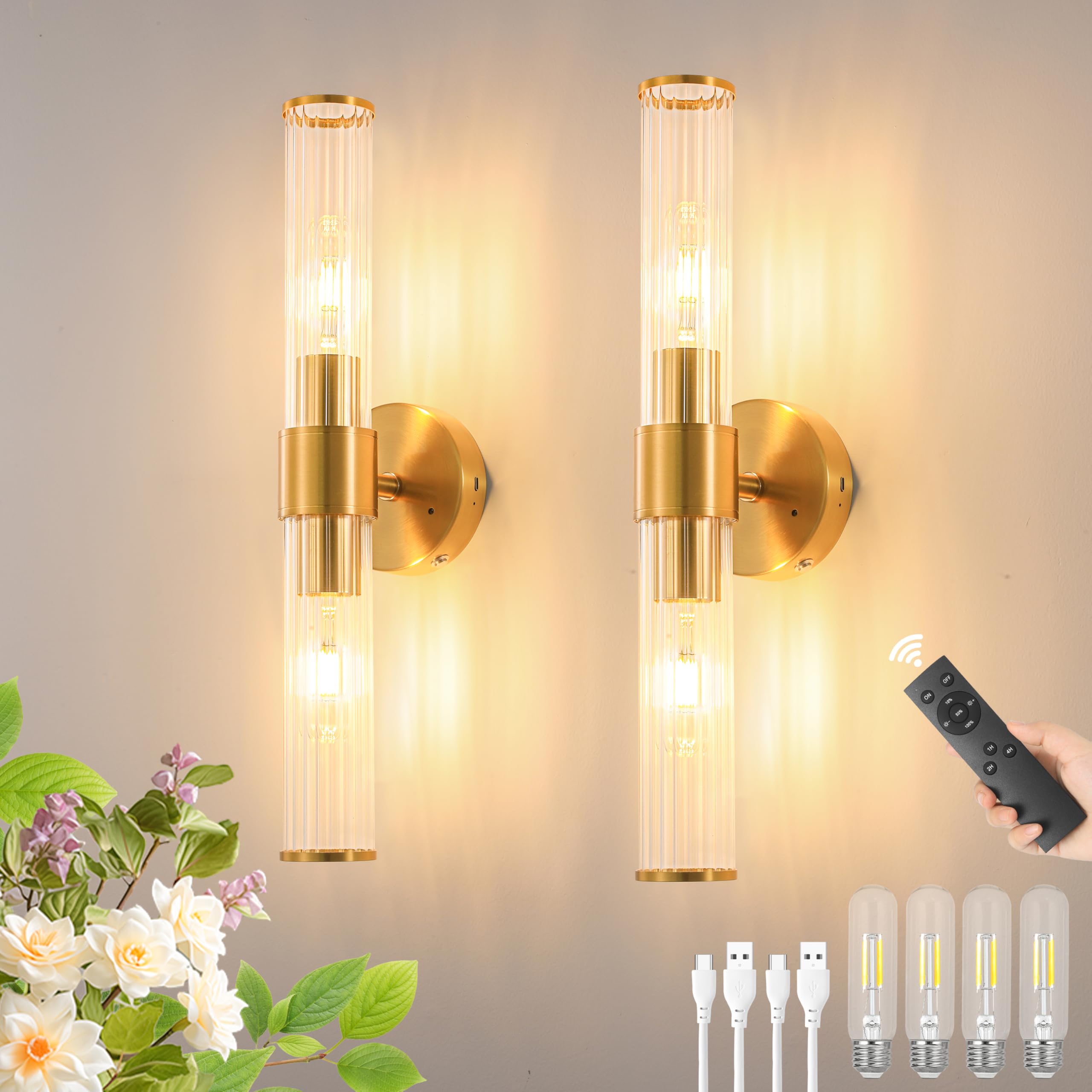 Morauroral Gold Battery Operated Wall Sconces Set of Two, Rechargeable Wall Sconce with Dimmable Remote Control, 20 Inch Wireles