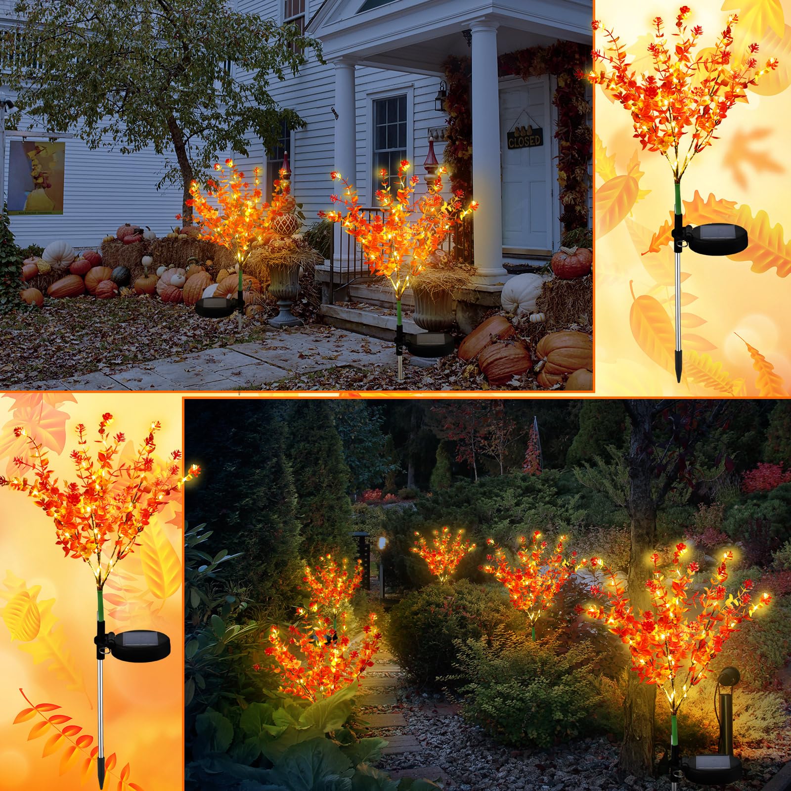 Glooglitter 2 Pack Fall Solar Stake Lights Thanksgiving Outdoor Decorations Waterproof Orange Mums Artificial Flowers Solar Lights For Outdoor Garden Yard Pathway Thanksgiving Fall Decor (Camellia)