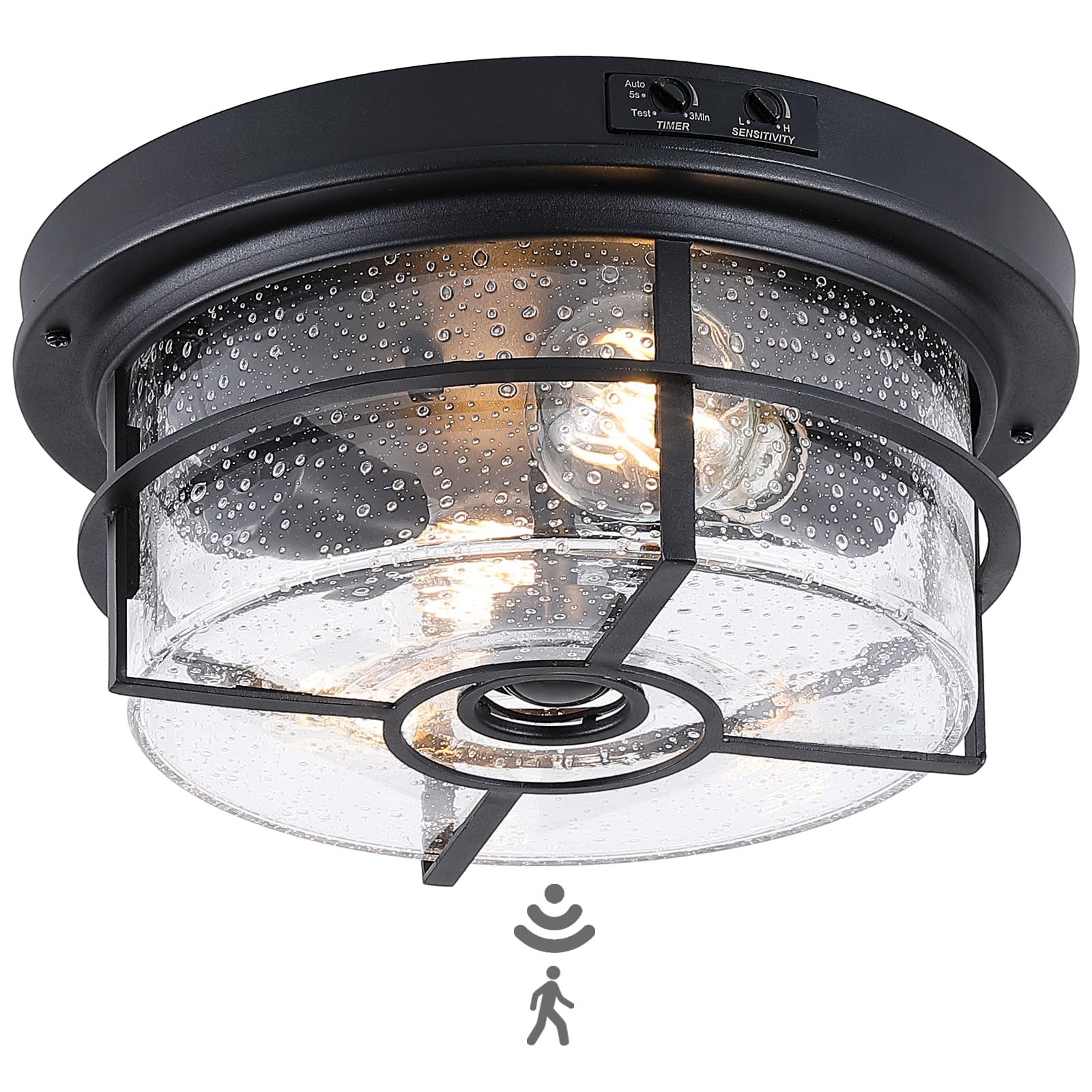 Calokes Motion Sensor Outdoor Flush Mount Ceiling Light - Sleek Round Exterior With Seeded Clear Glass - Perfect For Front Porch, Garage, Entryway
