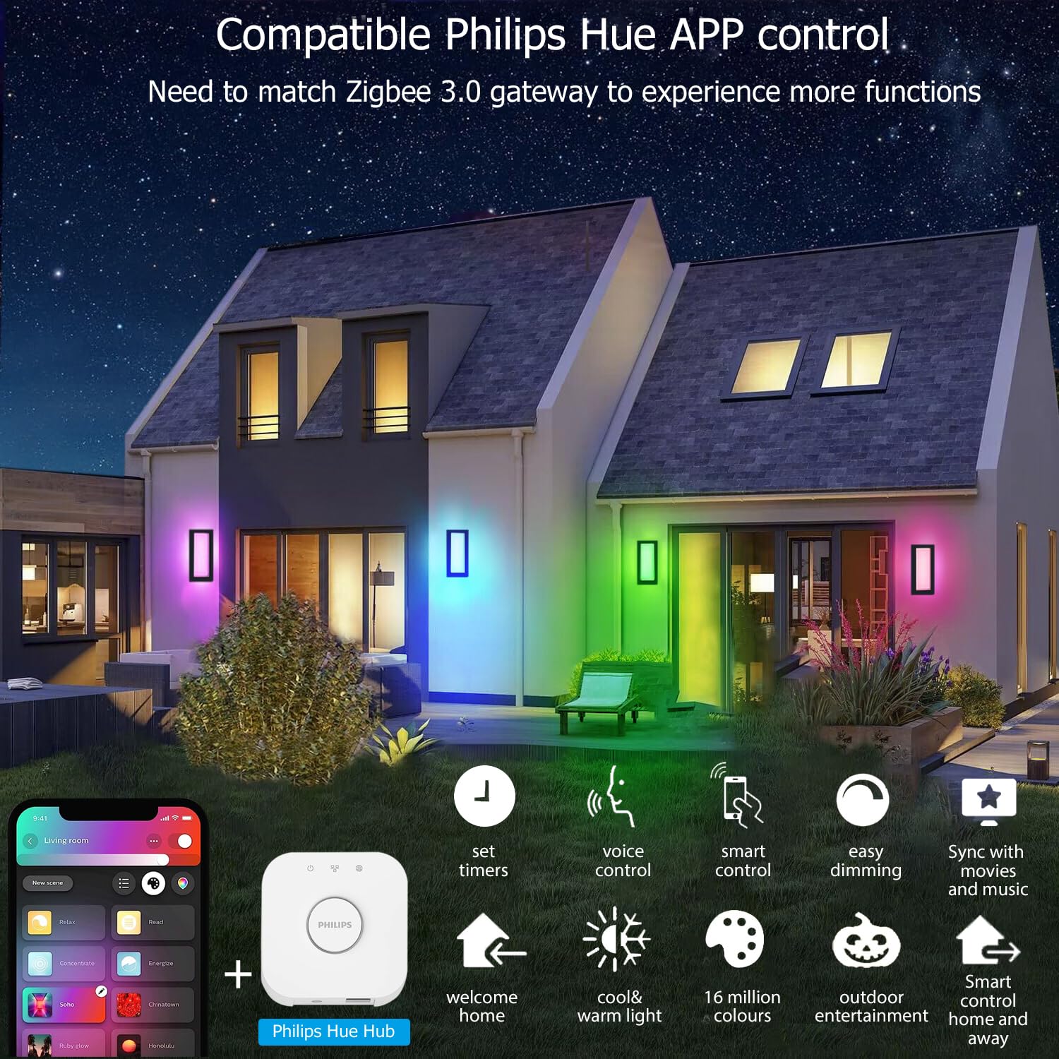 Zigbee 1400Lm Smart Outdoor Wall Lights, Rgb Color Changing And Cool To Warm White 2700K-6500K Exterior Wall Sconce, Works With