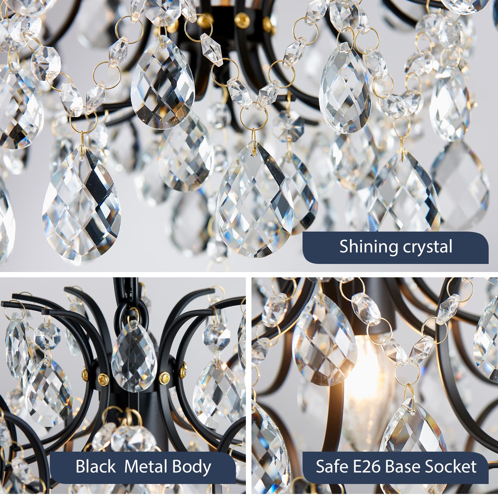Bestier Black Modern Pendant Chandelier Crystal Raindrop Lighting Ceiling Light Fixture Lamp For Dining Room Bathroom Bedroom Li