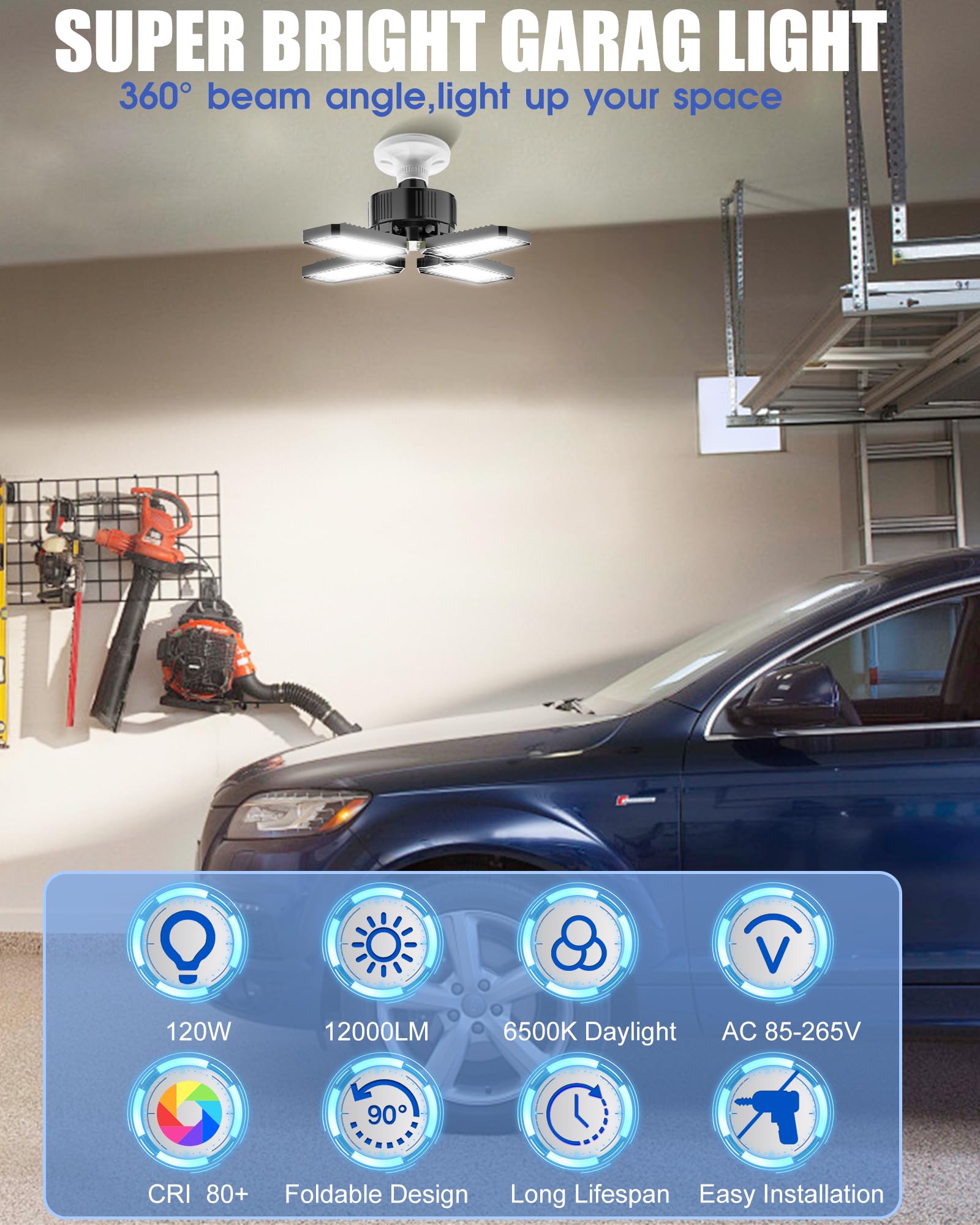 Hapylumi Led Garage Lights 4 Pack - 120W 12000Lm Garage Lights Ceiling Led 6500K With 4 Deformable Panels, Screw In E26 E27 Bulb