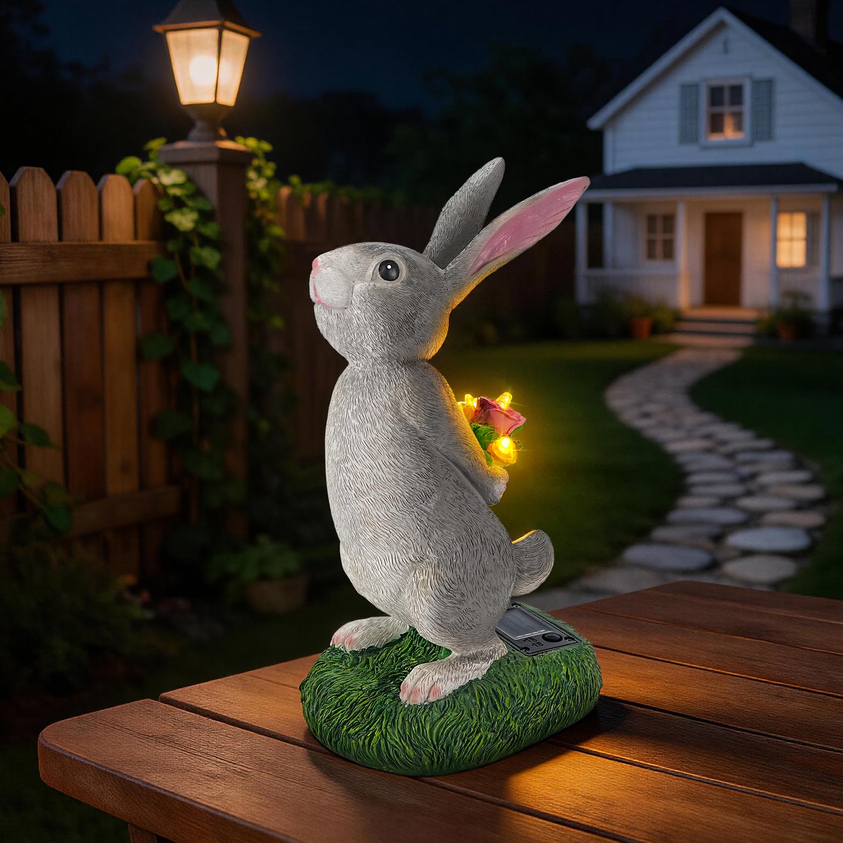 zuzuzen Solar Garden Rabbit Statue with LED Flowers, Grey Resin Hare Figurine Decor for Patio, Yard, Lawn Outdoor Ornament, Idea