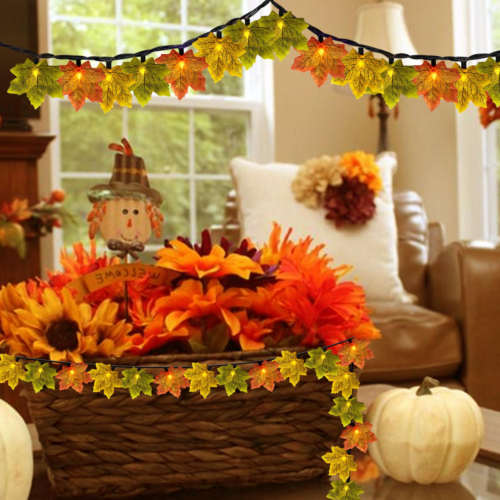 Abeja Maple Leaf String Lights, 13.5FT, 35 LED, Plug-in, Orange Yellow Green, Model LRGC-35C002, Autumn Decoration for Home Party