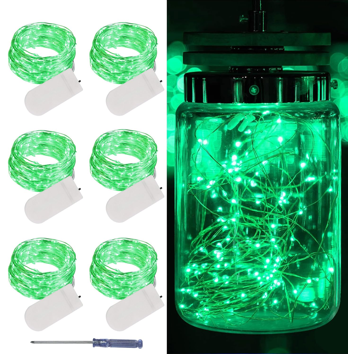 LAMPHOME 6 Pack St Patrick's Day Fairy Lights Battery Operated String Lights 6.6ft 20 Led Mason Jar Lights Waterproof Silver Wire Light Fireflies DIY Party Wedding Christmas Decoration(6 Pack,Green)