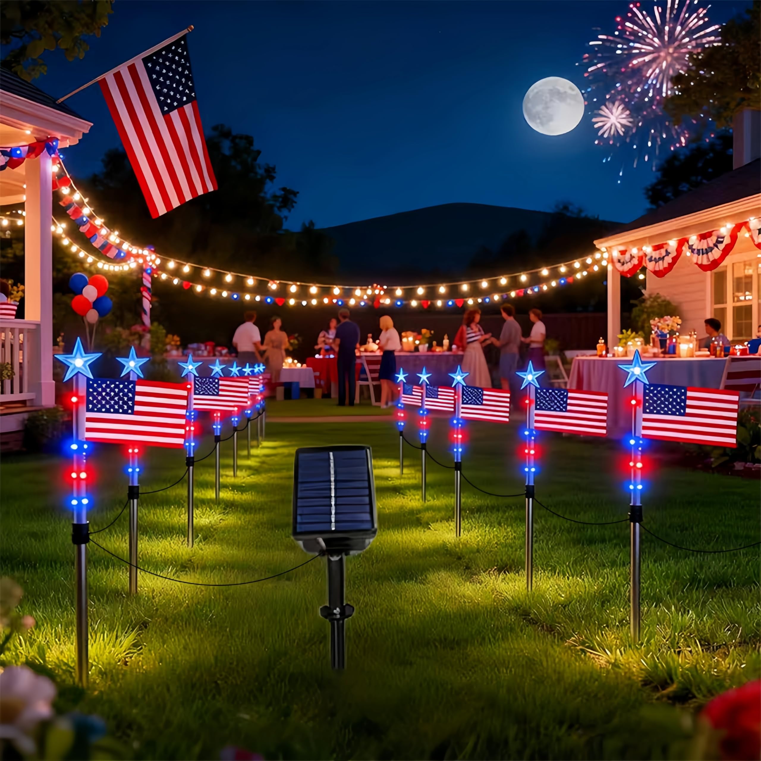 UMEUC 8 Piece Flag Light Set,Solar American Flag Lights Outdoor,American Flag Pathway Lights, Red White & Blue Solar Powered Aut