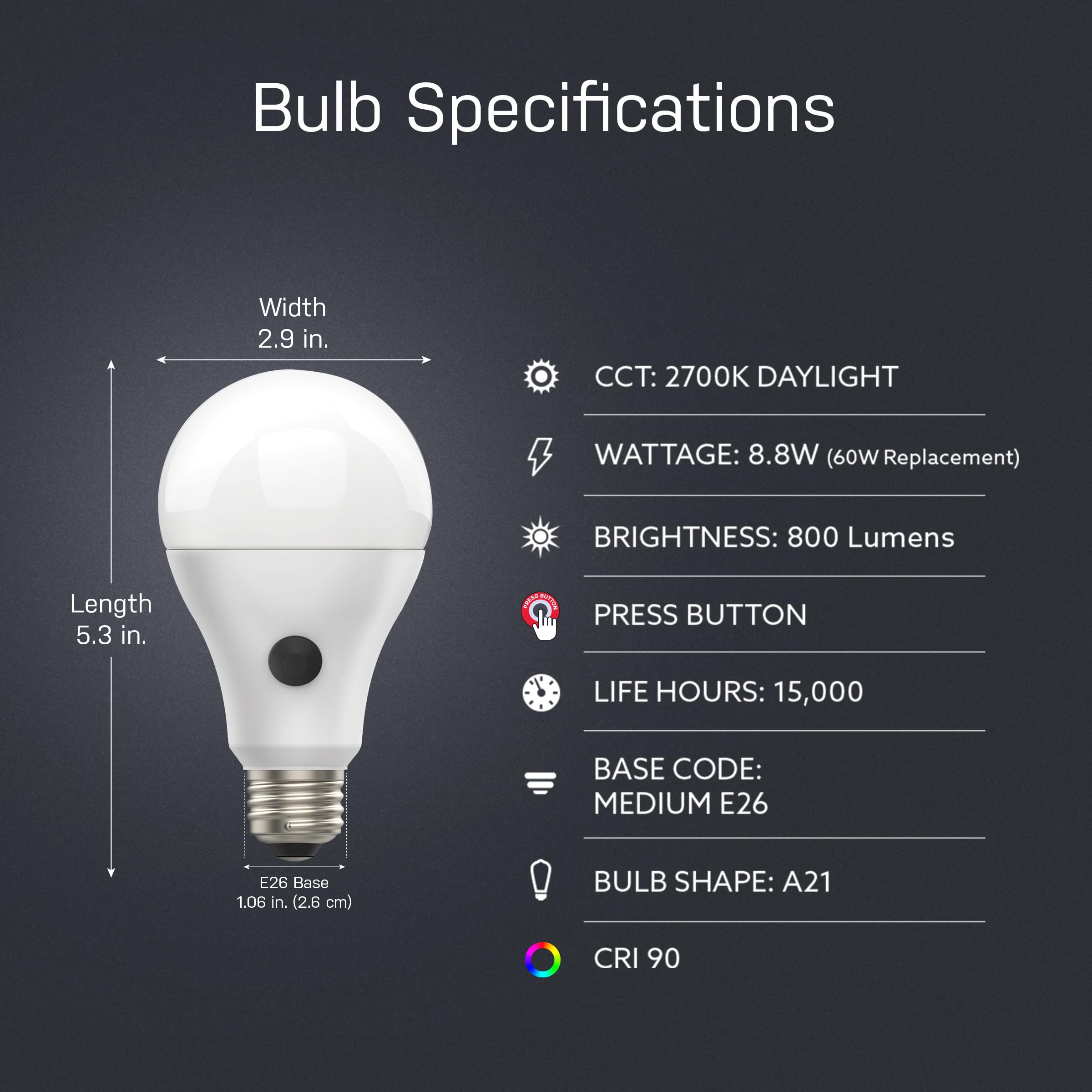 Feit Electric LED Intellibulb A21 Light Bulb - 60W Equivalent, 800 Lumen, 2700K Soft White, 15 Year Life, E26 Base,