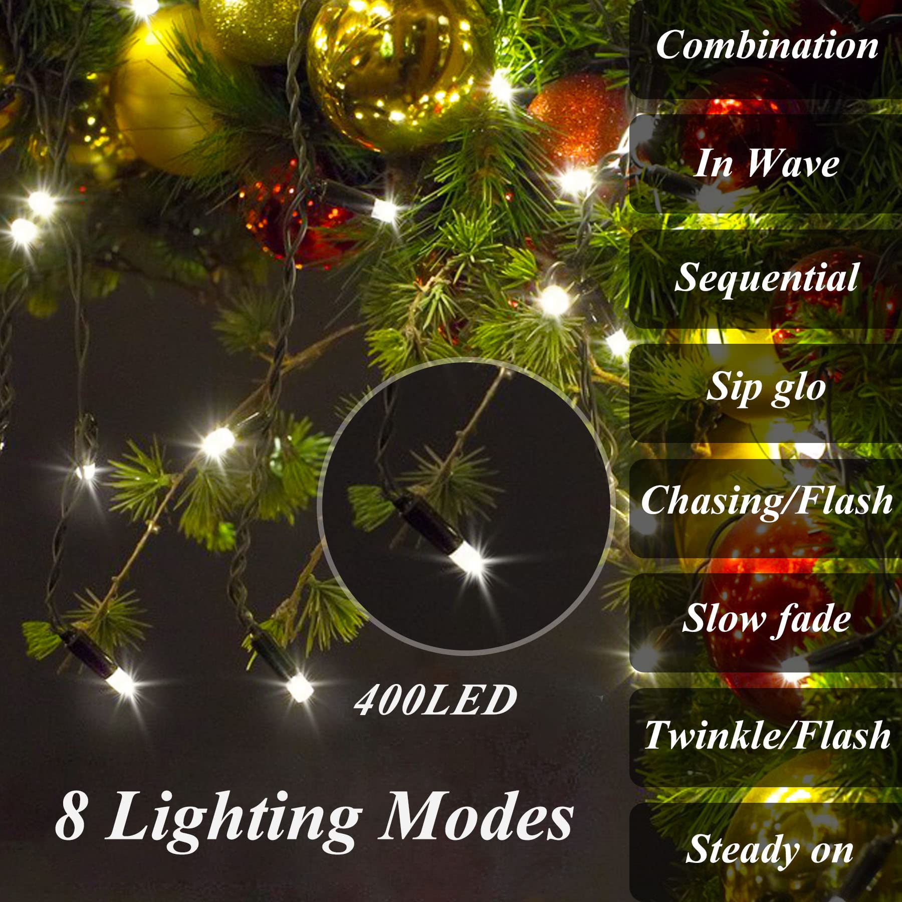 Aneeway Christmas String Lights, 400 LEDs, 8 Modes, 6.6FT, Cold White, Remote Control, Model SW-LSL-02-400