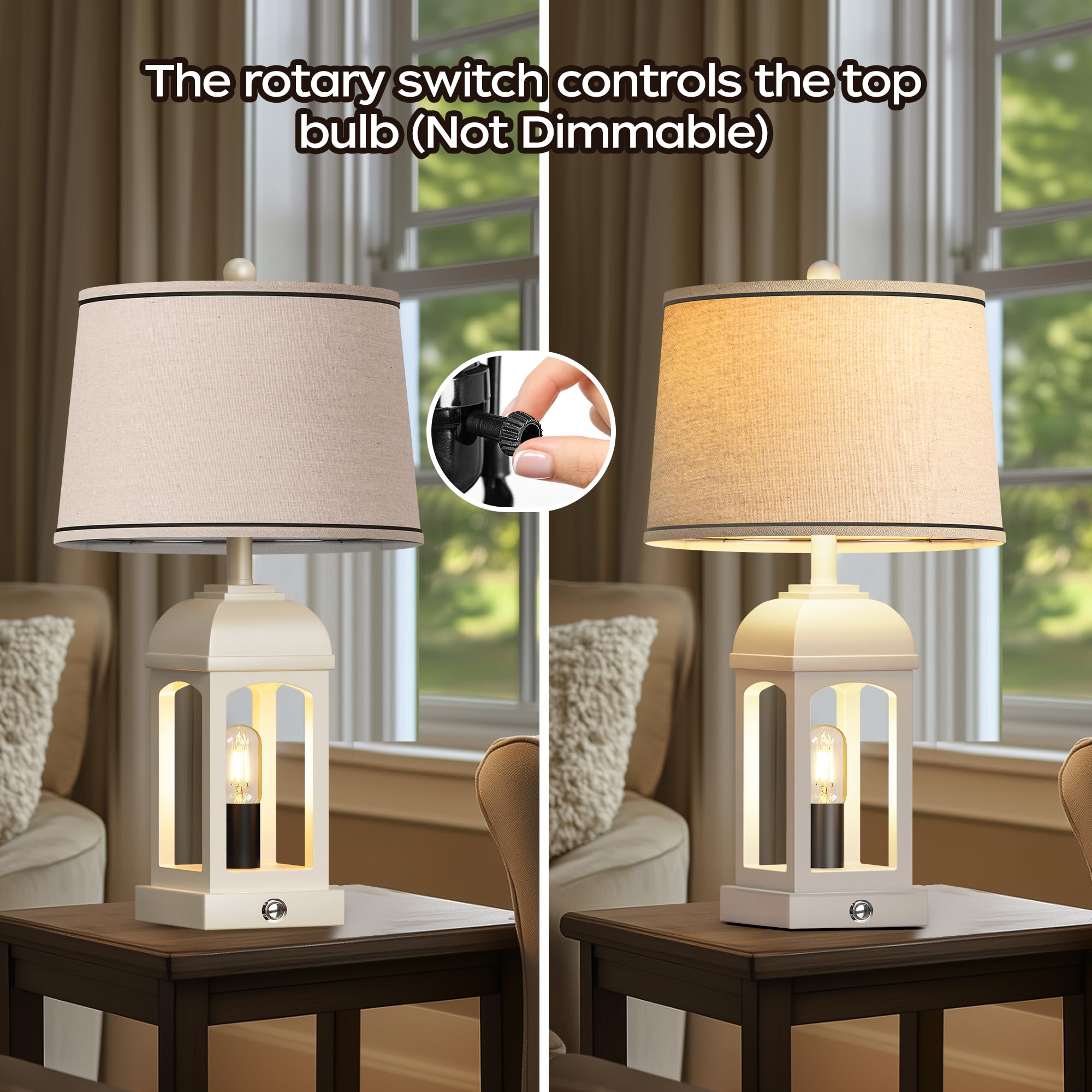 QiMH Table Lamp Set of 2, Rustic 26in White Nightstand Lamps with USB A+C, 3-Way Dimmable Touch Control