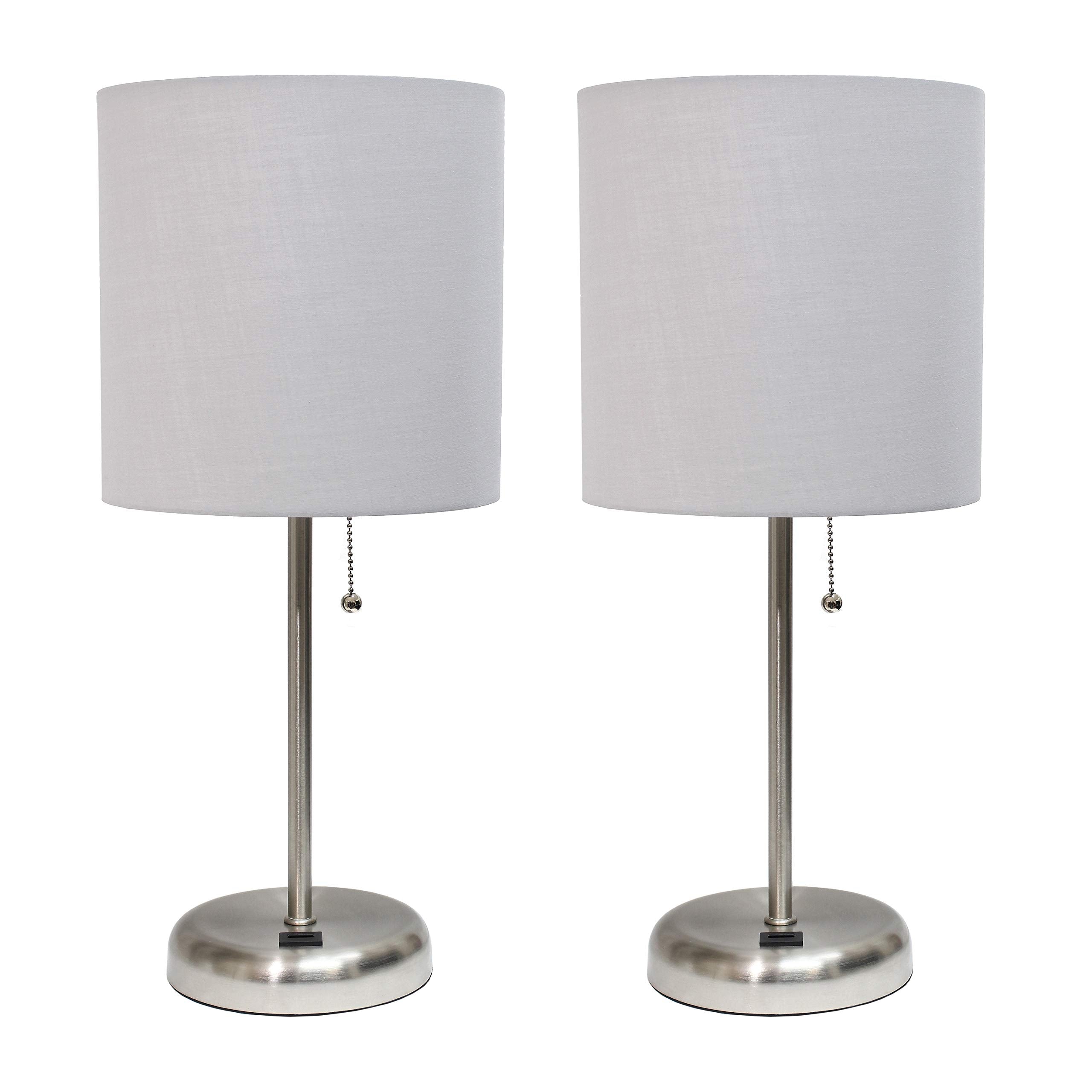 Simple Designs Lc2002-Gry-2Pk Brushed Steel Stick Table Lamp Set With Usb Charging Port And Gray Fabric Shades, 2 Pack Set