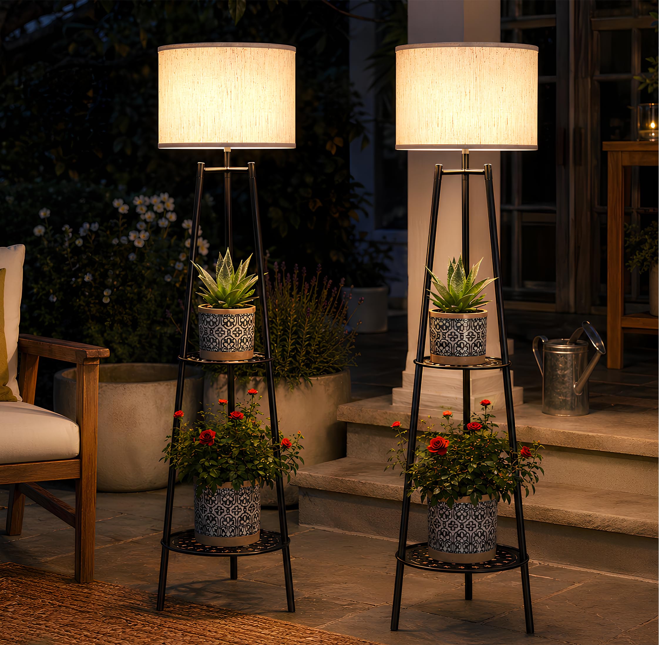 VISFLAIR 2 Pack Solar Lights with 2-Tier Plant Stand  Outdoor Floor Lamps  Waterproof Solar LED Edison Bulb Floor Lamps for Patio Porch Deck Yard Garden Decor