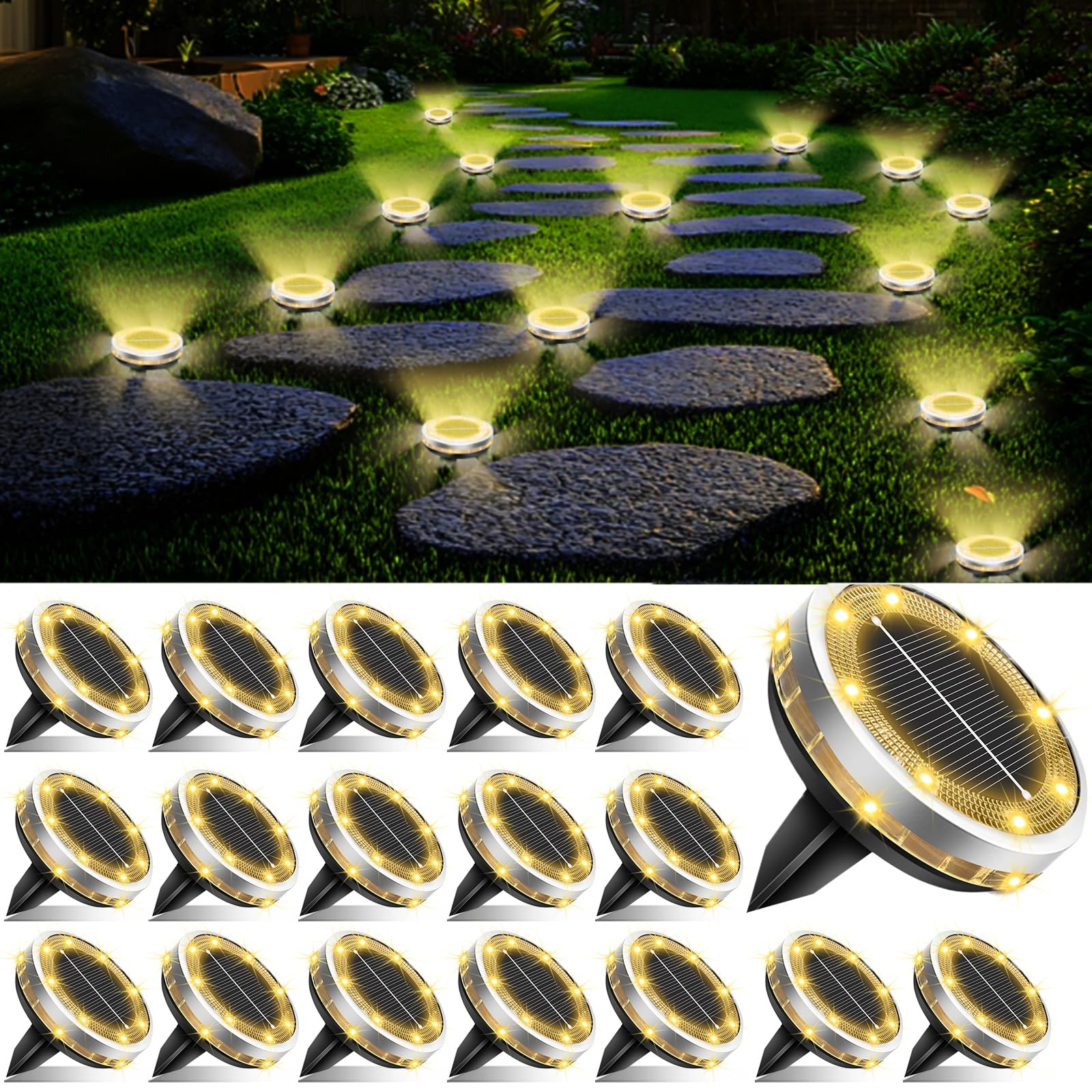 SenLuKit Solar Ground Lights Outdoor 18 Pack Waterproof, Upgraded Solar Garden Lights with 4 Side Light, Stainless Steel Solar P