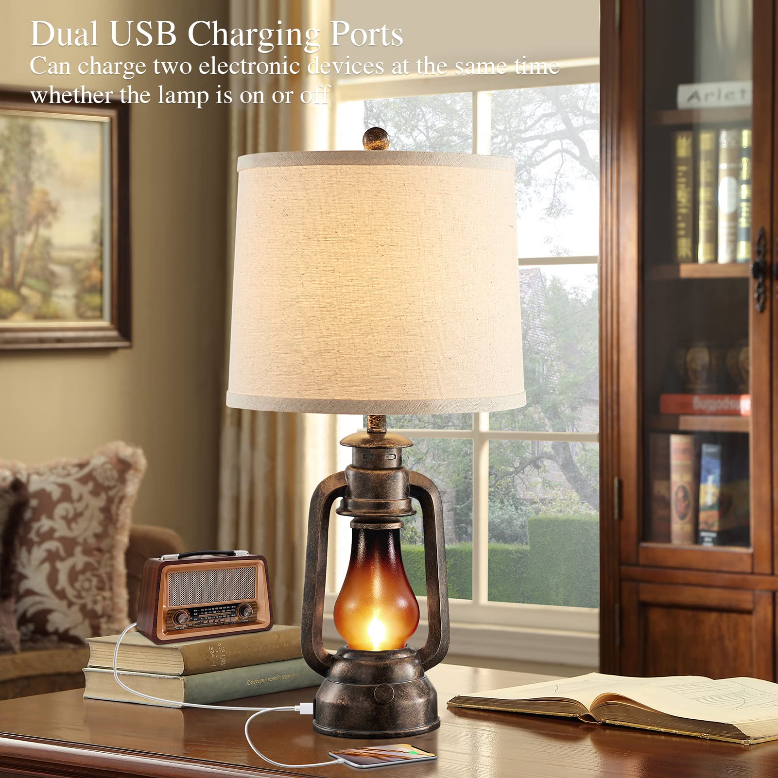 RORIANO Farmhouse Rustic Table Lamps Set of 2, 25" Vintage Lanterns with Dual USB Ports, Bronze, Model RO-8883-FBA