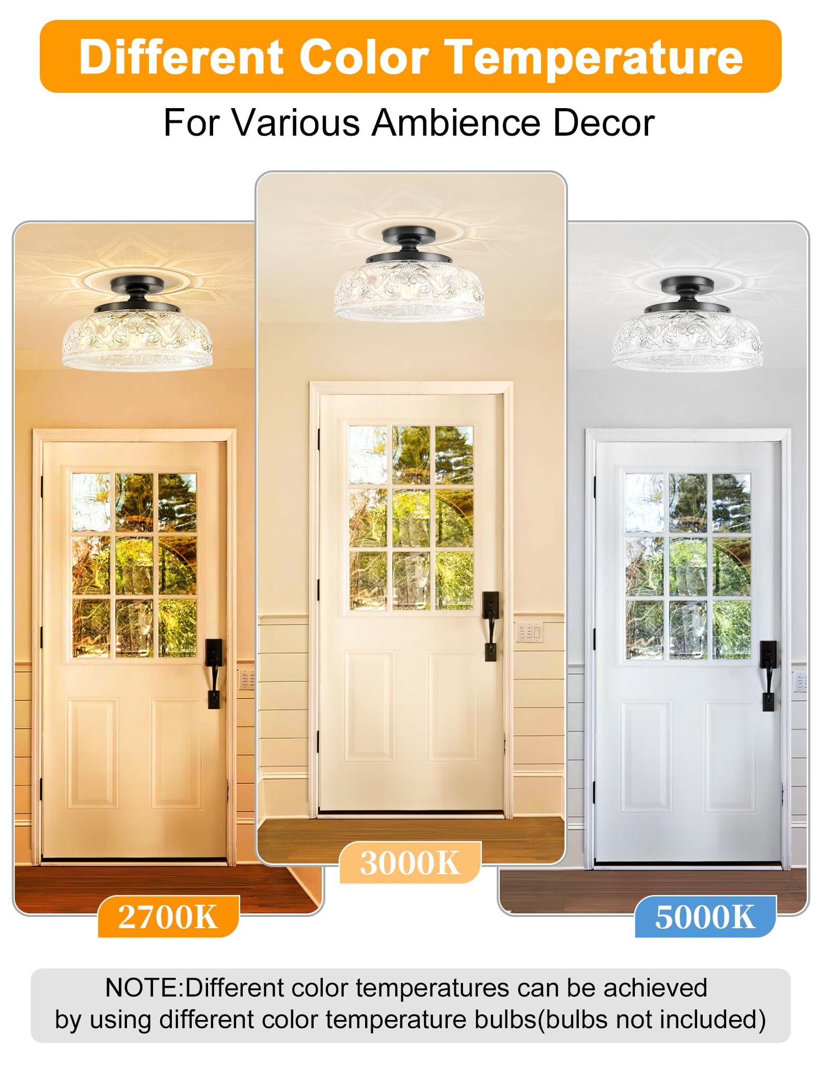 Slypadan Semi Flush Mount Ceiling Light, 12 Inch Large Gold Ceiling Light Fixture, 3-Light Globe Glass Farmhouse Kitchen Lightin