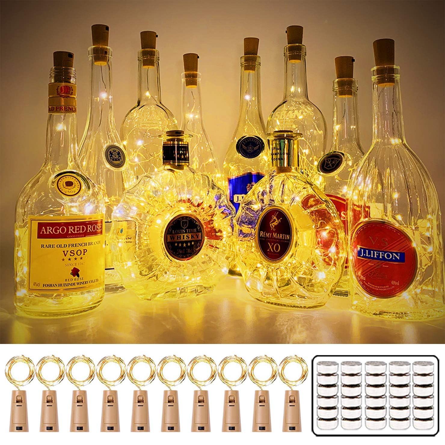 MUMUXI Wine Bottle Lights with Cork Switch [10 Pack] | Easy-to-Use 3.3ft 20 LED Bottle Lights | Universal Size Cork Lights for Wine Bottles Liquor Bottles Christmas Lights Indoor Outdoor, Warm White