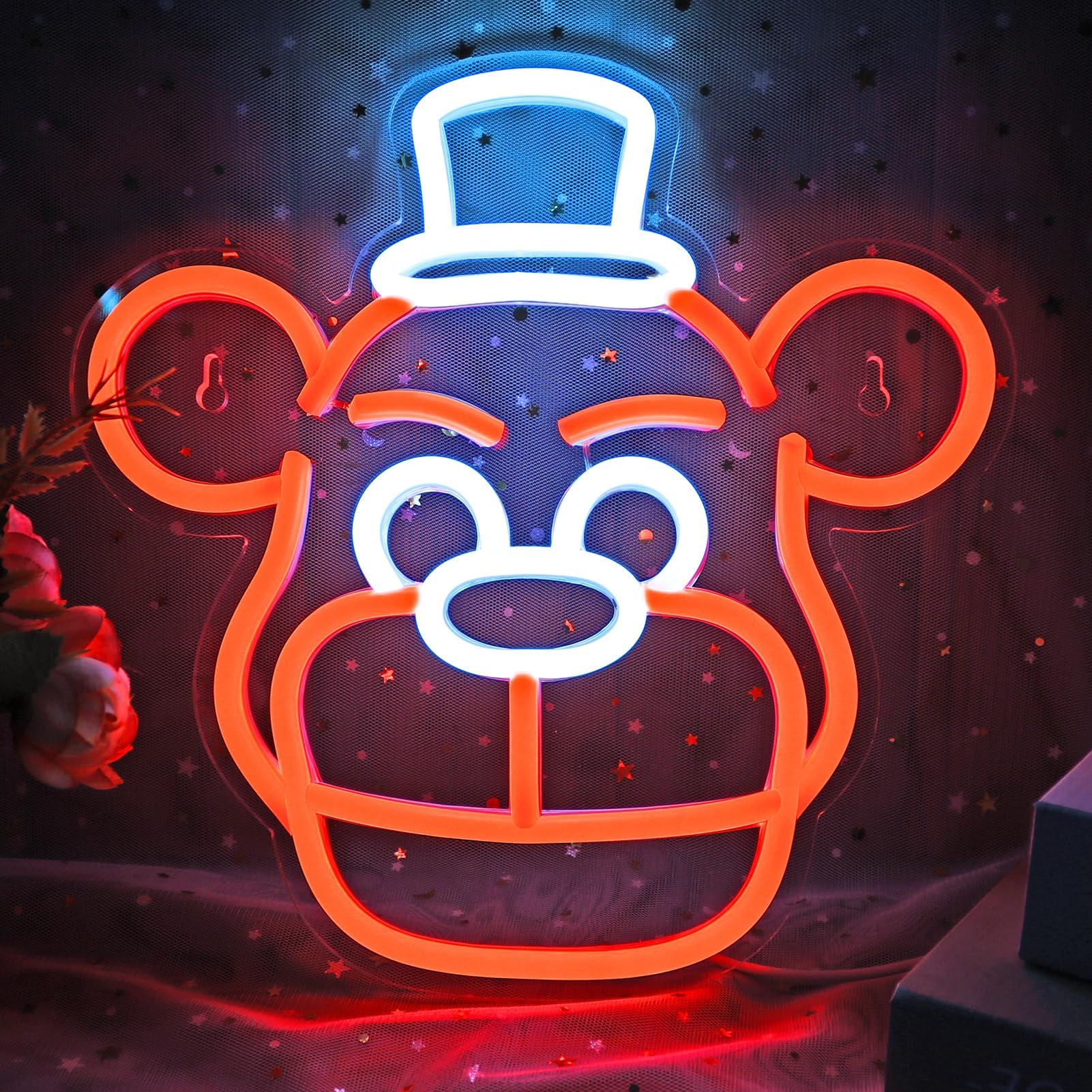 NAIYISI Neon Sign, Cute Five Nights Bear Light, USB Powered, Acrylic, 11.8inx11.8in, Orange Color for Bedroom and Childrens Room Decor