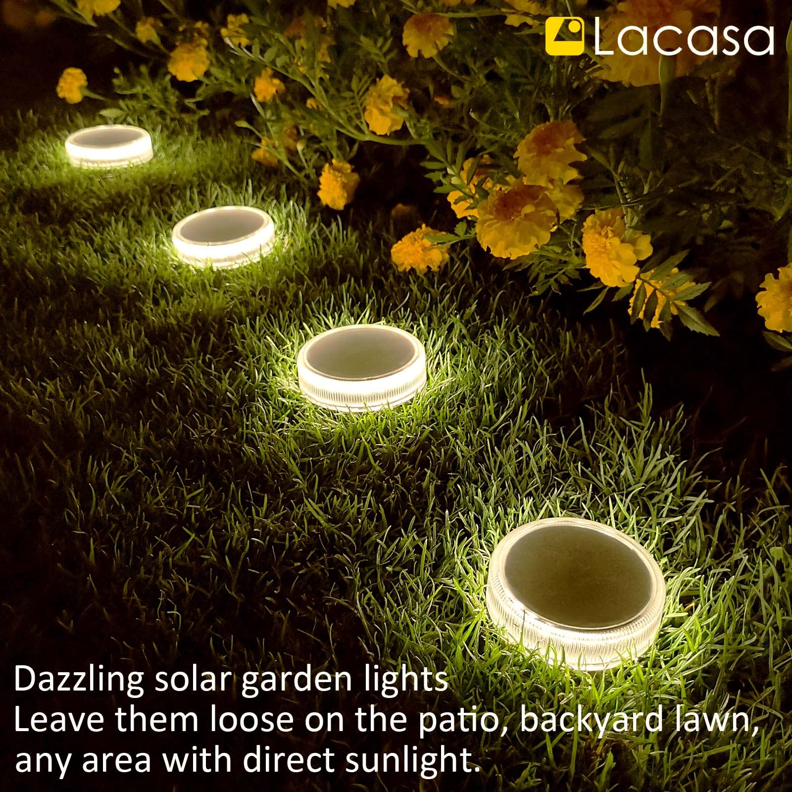 Lacasa Solar Deck Lights - 4 Pack, IP68 Waterproof, 30LM LED Step Lights, Round, Natural White 4000K, Auto ON/OFF