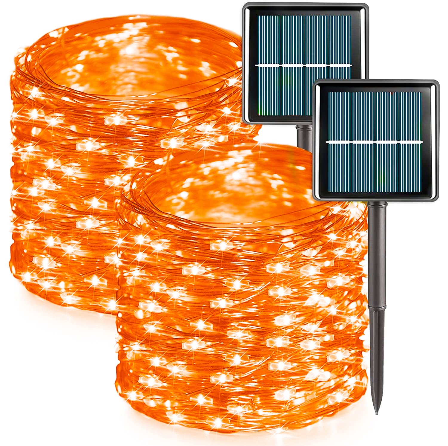 Qitong Orange Solar Halloween Lights Outdoor Waterproof, 2 Pack Each 66Ft 200 Led String Lights, Silver Wire Orange Lights For H