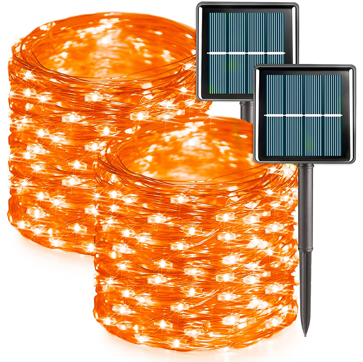 Qitong Orange Solar Halloween Lights Outdoor Waterproof, 2 Pack Each 66Ft 200 Led String Lights, Silver Wire Orange Lights For H