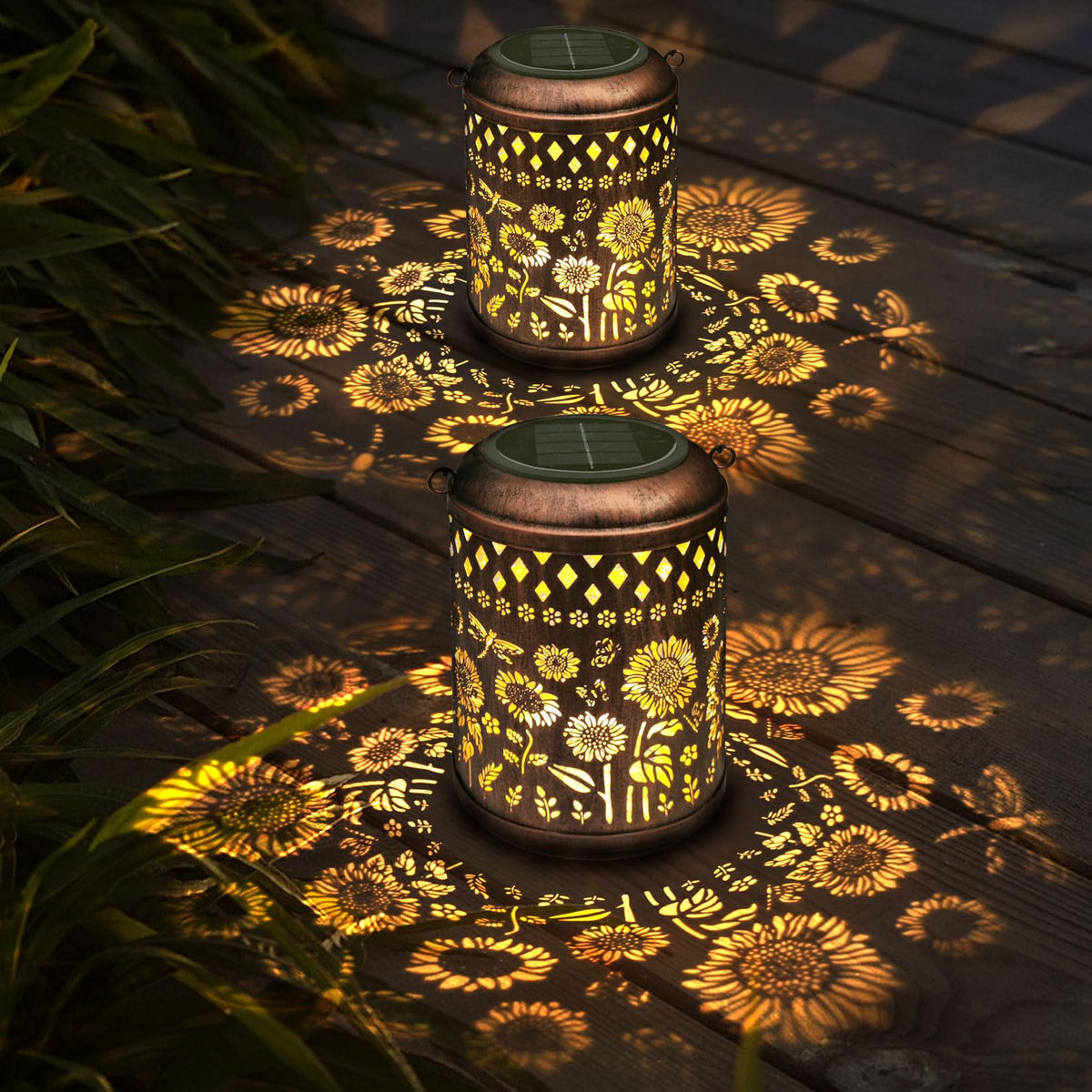 Solar Lanterns 2 Pack Sunflower Dragonfly Butterfly Lights Outdoor Decor Hanging Lantern Waterproof Metal Led Garden Decor Decor