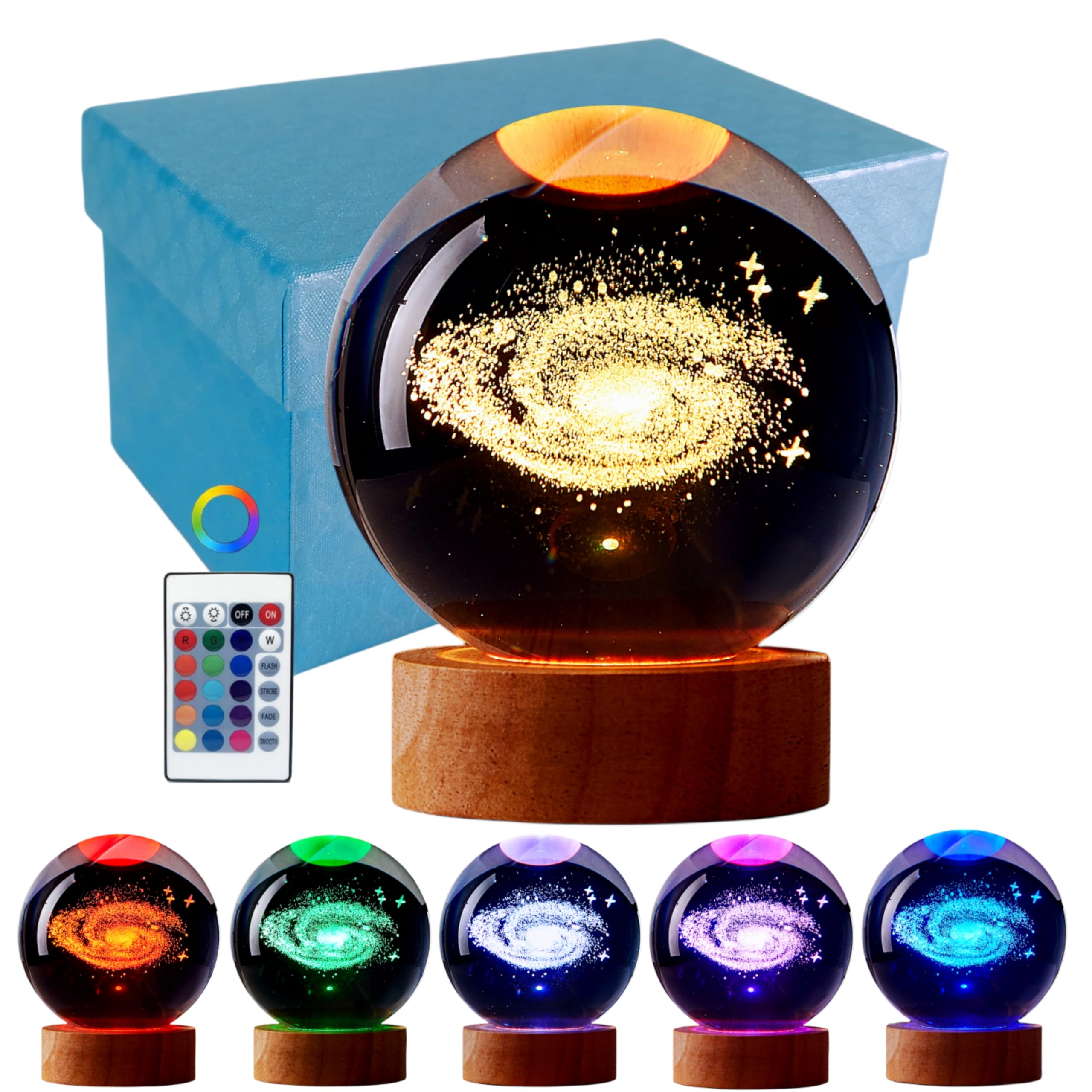 DIGFPWT Galaxy Crystal Ball Night Light, 3.15 Inch 3D Lamp, LED Wooden Base, 16 Colors, Gift Box Packaging