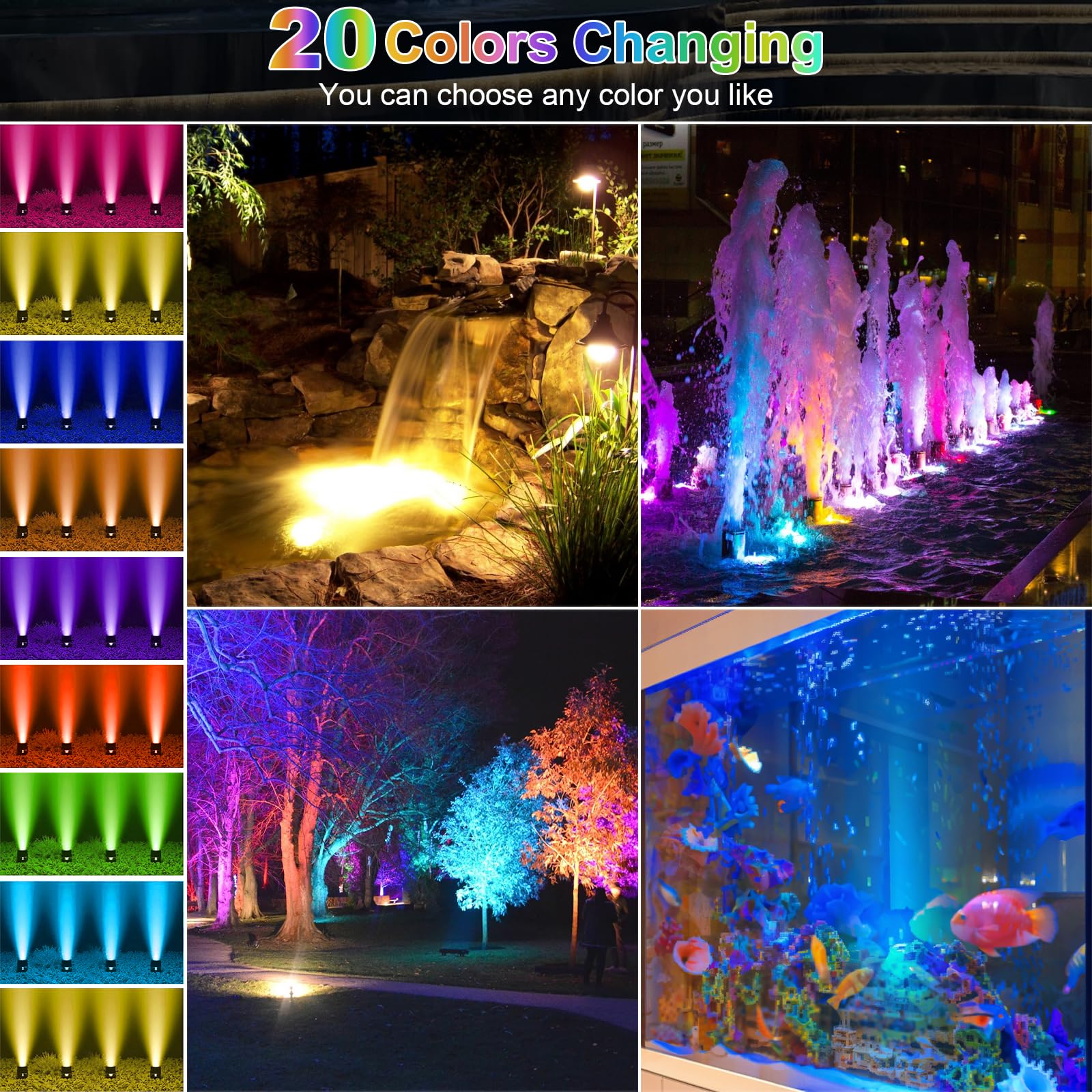 Srygery RGB Underwater Pond Lights, 6 Lights, IP68 Waterproof, Remote Control, Dimmable, Black, Model BSV-RL504C