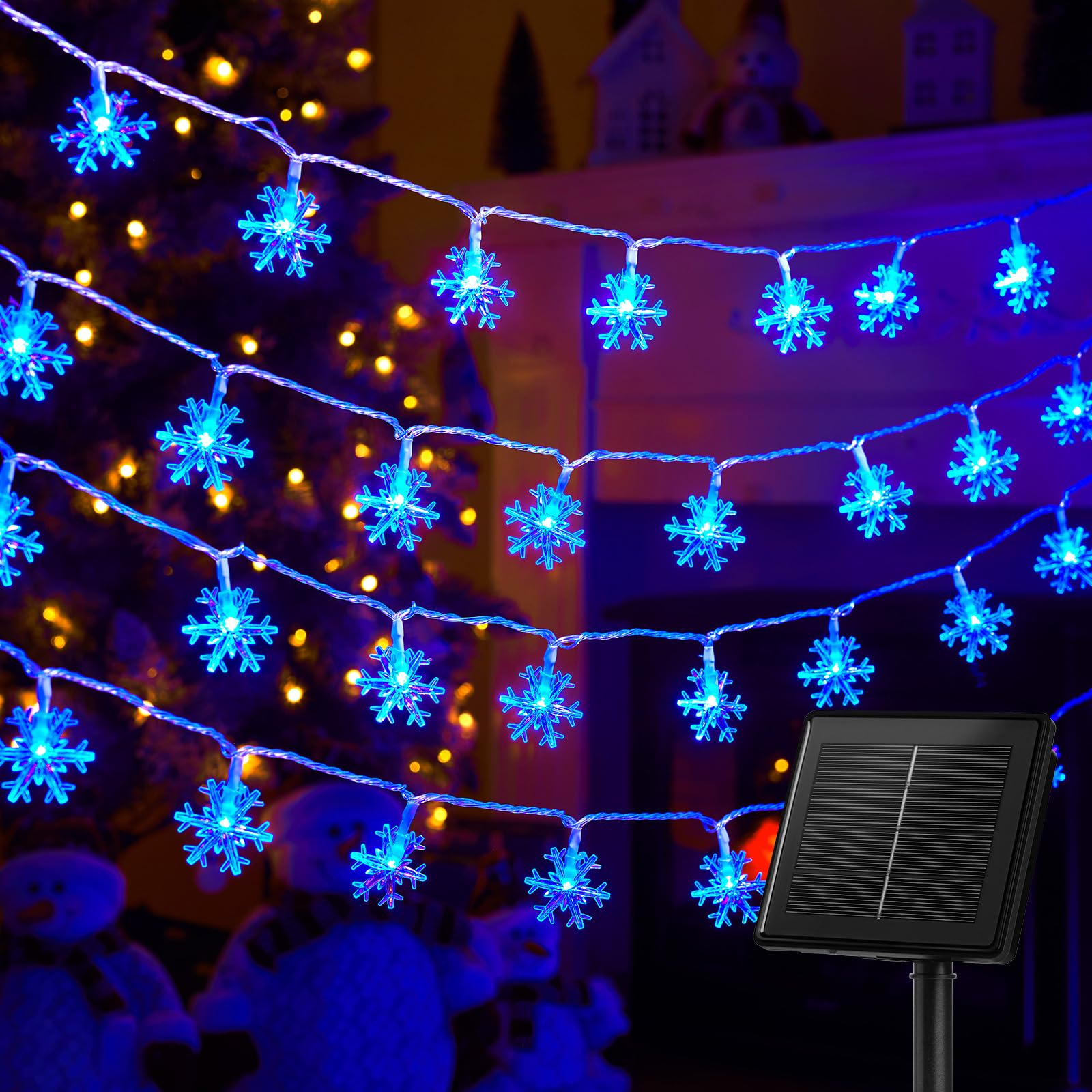 Brightown Solar Snowflake String Lights, 200 LED, 72FT, Waterproof, 8 Lighting Modes, Blue