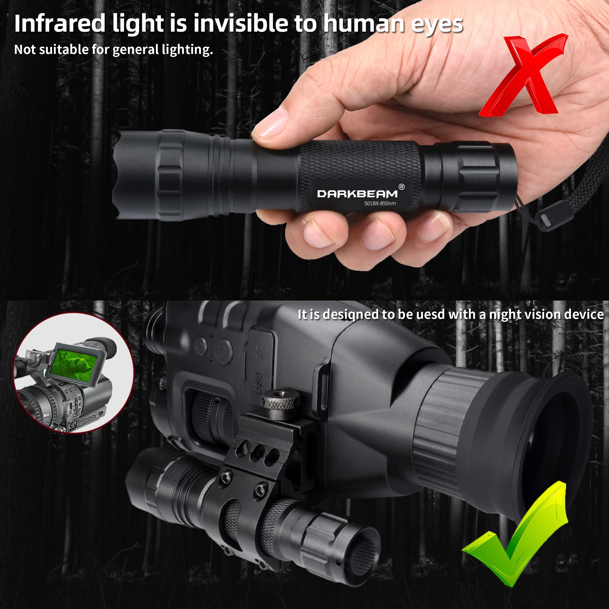 DARKBEAM Infrared Flashlight 850nm - Rechargeable Mini Tactical LED, Adjustable Focus, High Power, Model DKL_501BX-850