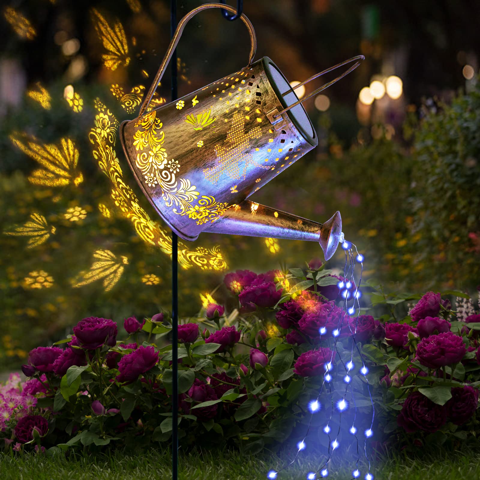YJFWAL Solar Watering Can with Lights, Metal, Cool White, Butterfly-1pack, Unique Gifts for Mom and Grandma