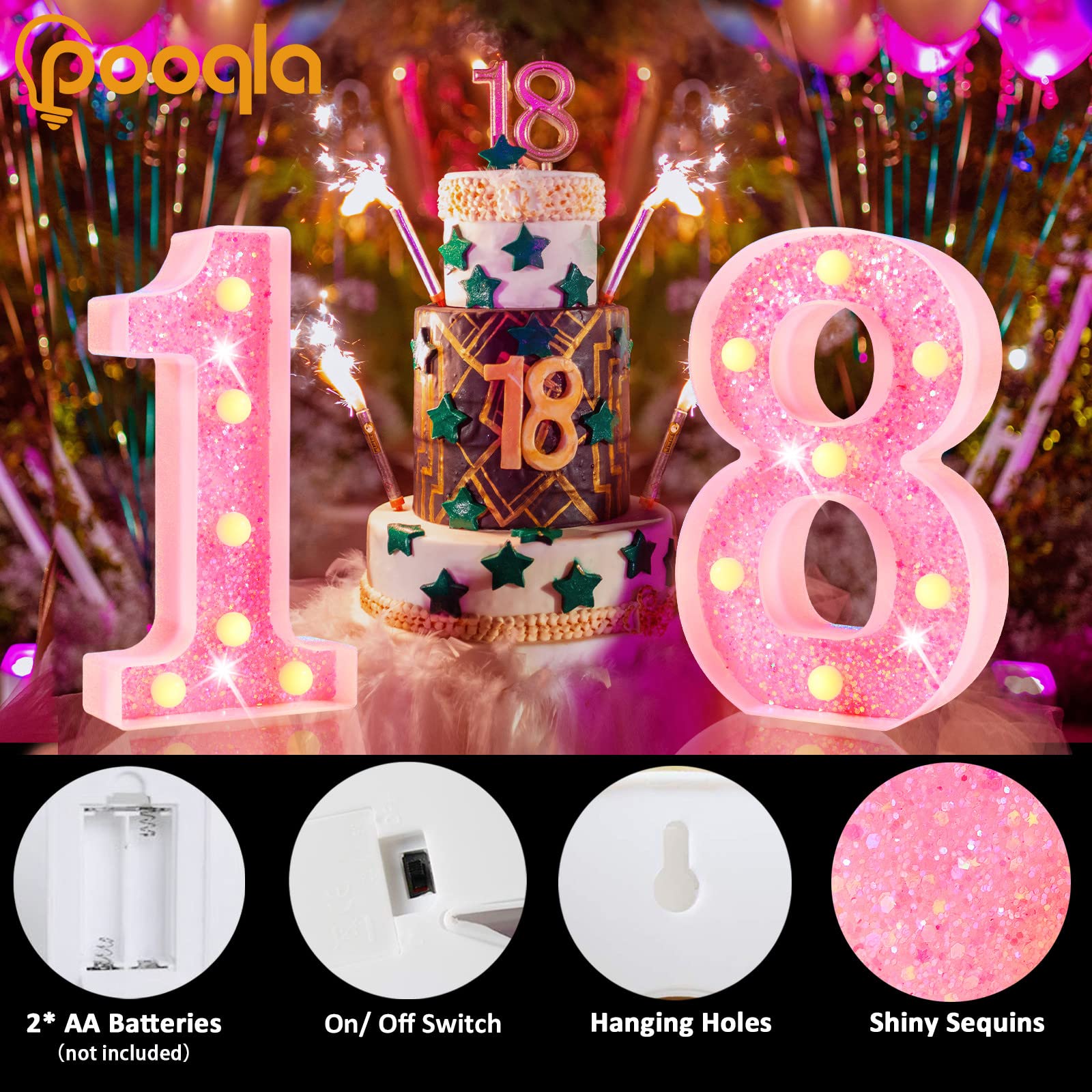 Pooqla Marquee Lighted Number 8, Pink LED Glitter Decoration for Birthday, Wedding, Christmas, Battery Powered