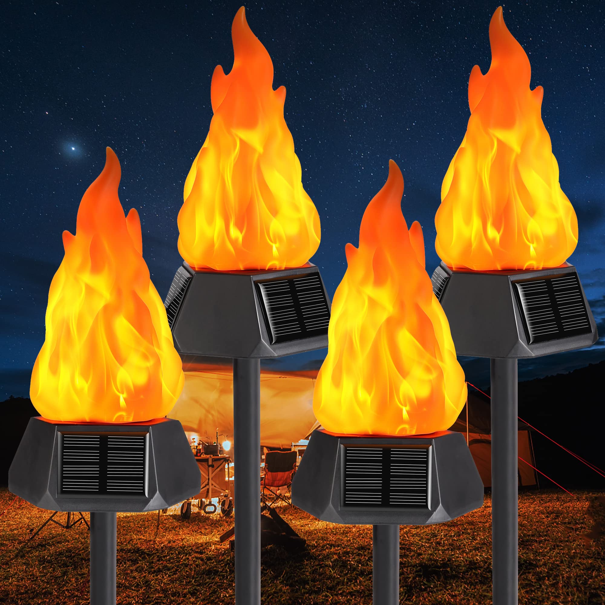Toodour Solar Torch Lights - 4 Pack Waterproof LED Flickering Flame, Warm White, Outdoor Decorations for Garden and Camping
