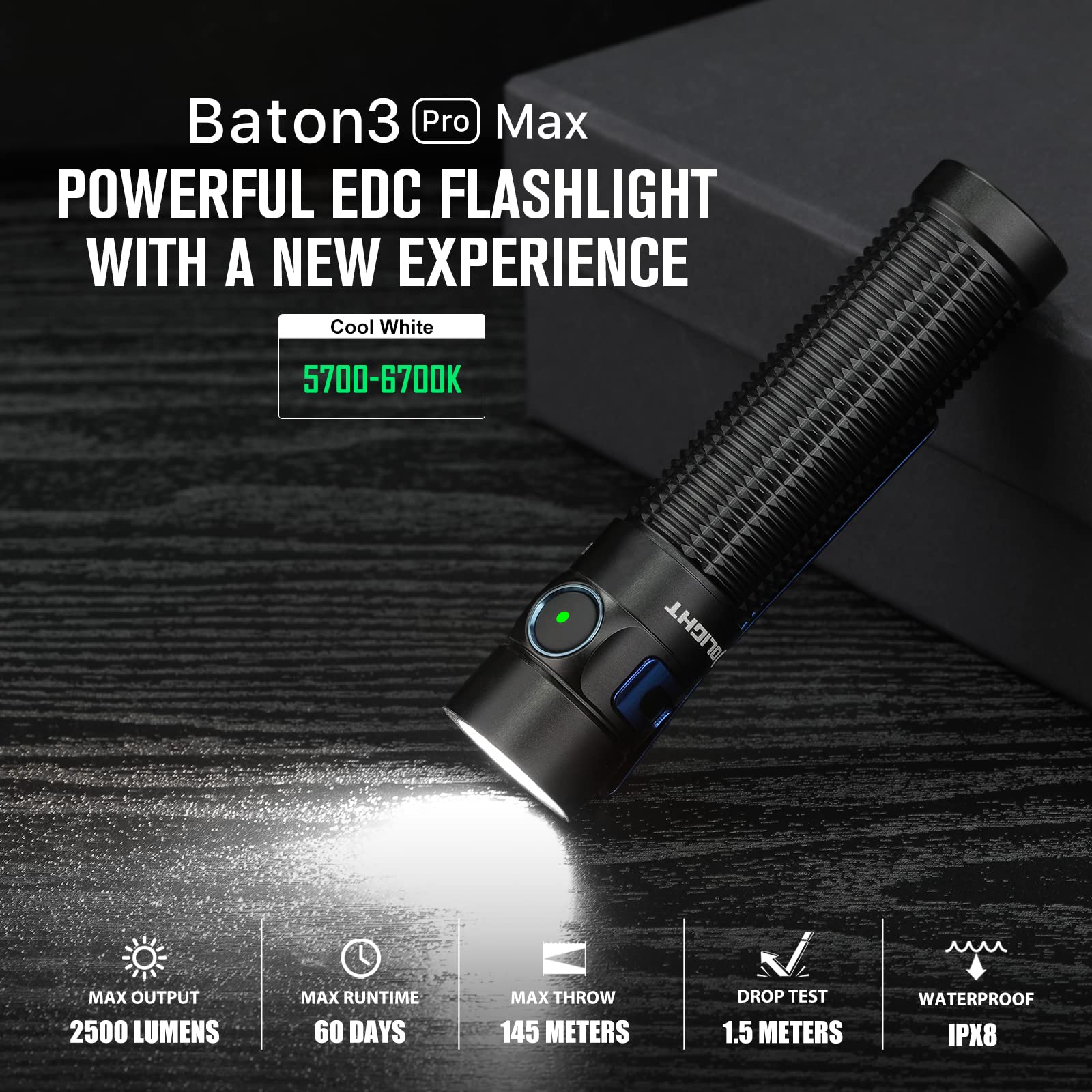 Olight Baton3 Pro Max 2500 Lumens Rechargeable Compact Edc Pocket Flashlights With Safety Proximity Sensor, For Camping, Hiking,