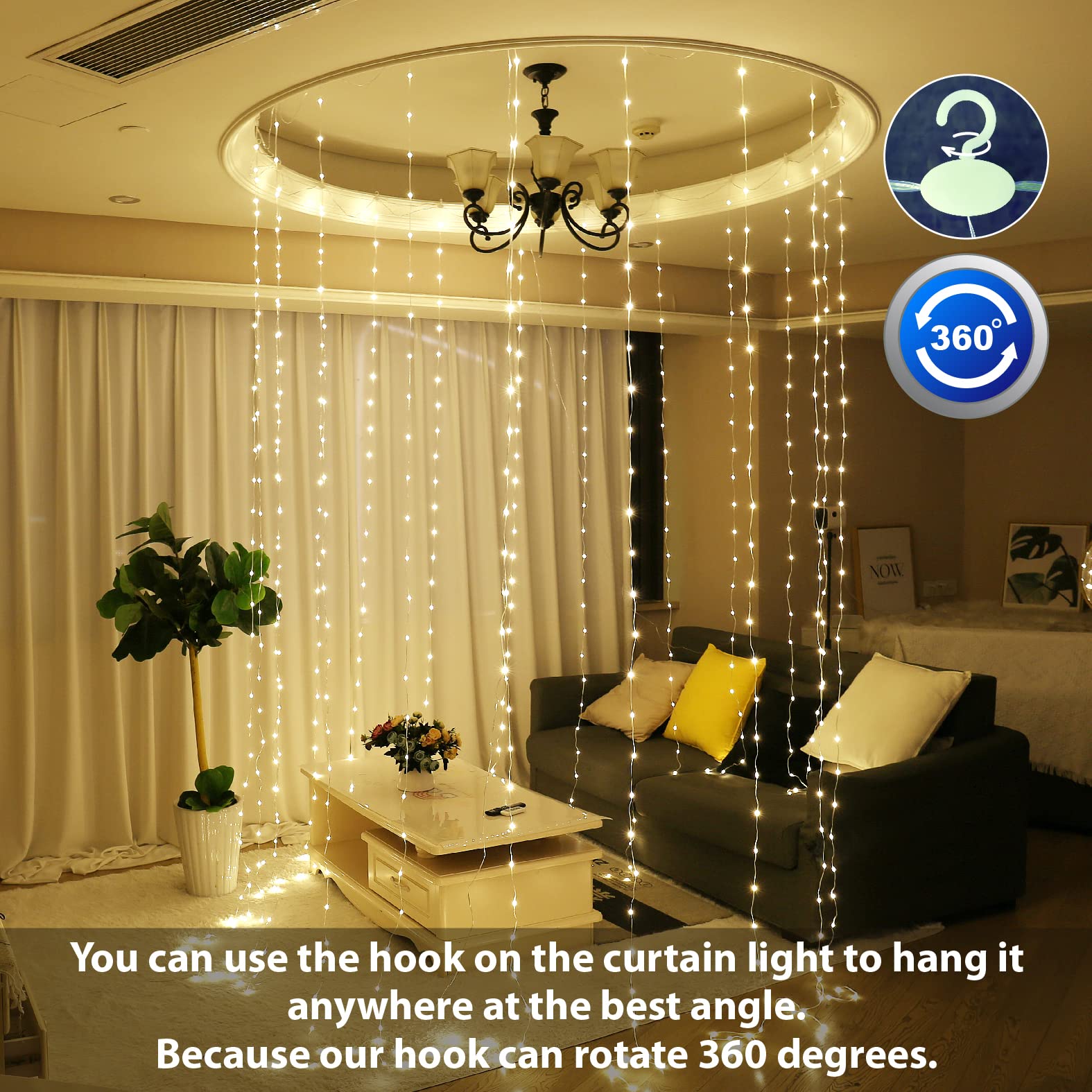 HXWEIYE Fairy Curtain Lights, 300LED Warm White, 3m x 3m, USB Plug, 8 Modes, Remote Control, for Indoor/Outdoor Wedding Party Décor
