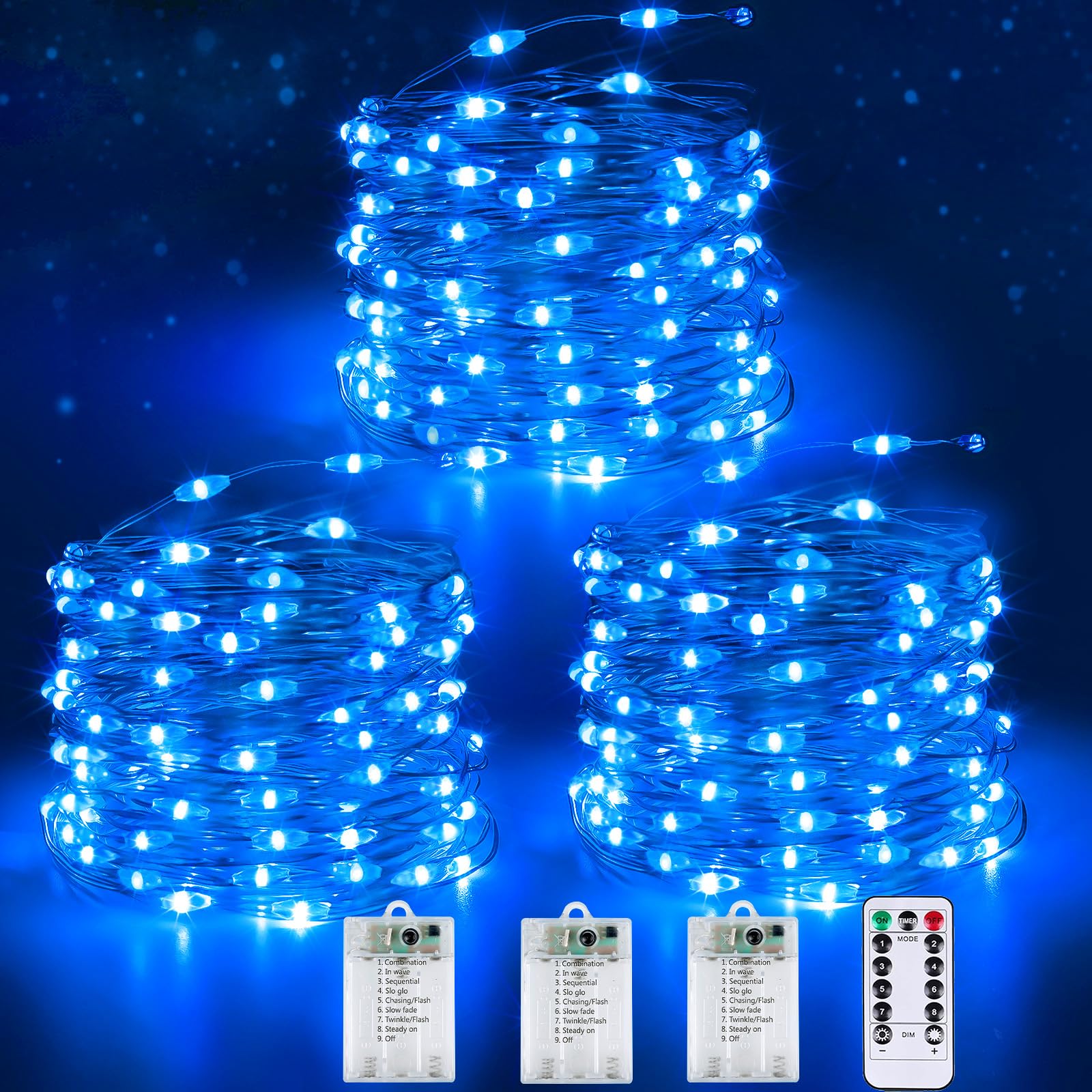 YIQU 3 Pack Fairy Lights, 26 FT 80 LED Battery Operated String Lights with Remote Control Timer, Blue, Model silver80-3pk
