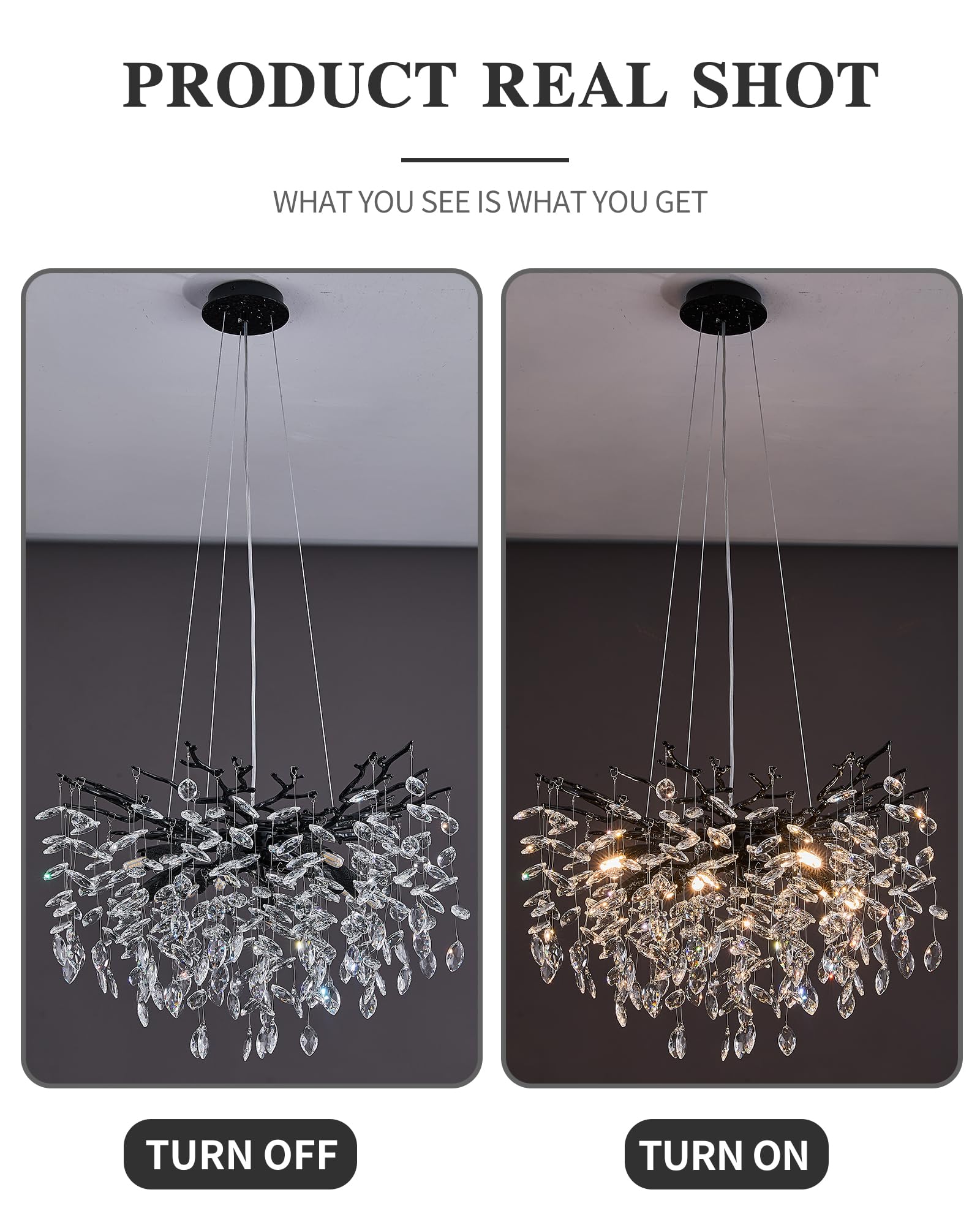 Modern Tree Branch Crystal Chandelier Luxury Blacl Crystal Pendant Lighting 23.6'' Contemporary 8-Light Chandeliers For Dining R