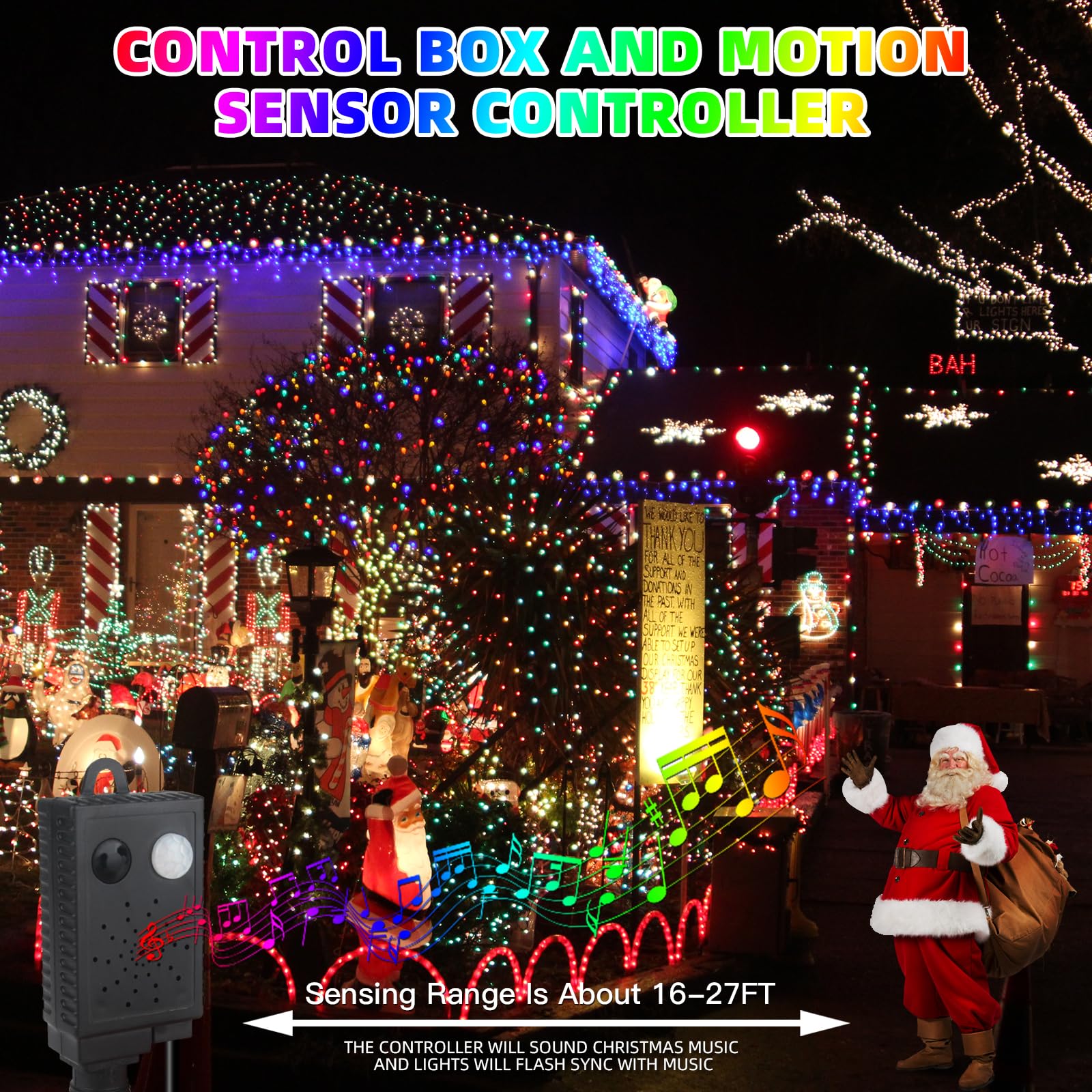 Music Motion Sensor Christmas String Lights 105Ft 300 Led,Multicolour Christmas Tree Lights,End To End Plug In 6 Modes Decorativ