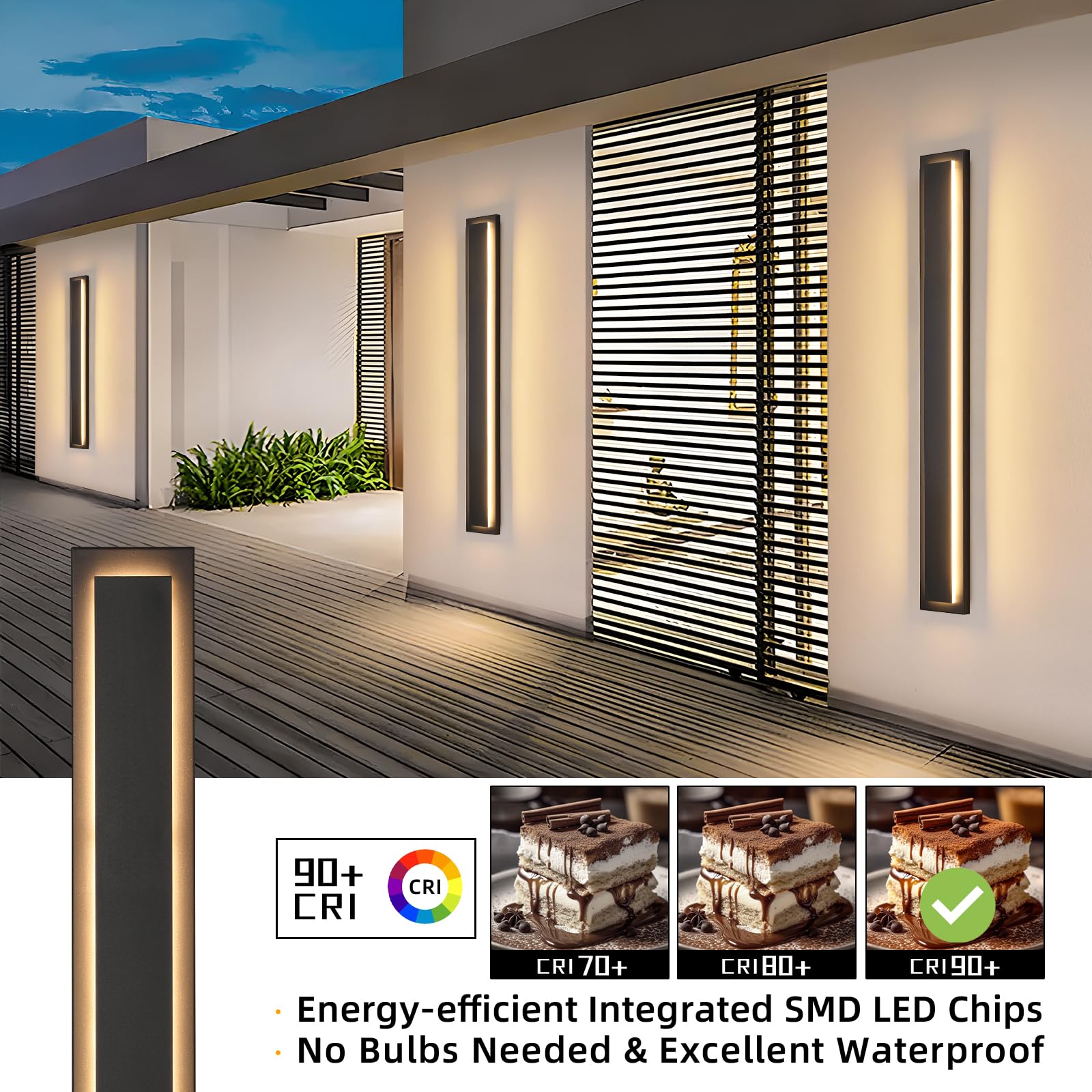 tewei Modern Outdoor Wall Sconce 39.3" Black LED Lighting Fixtures, Warm White 3000K, 2 Pack, Metal, Model 670b104a